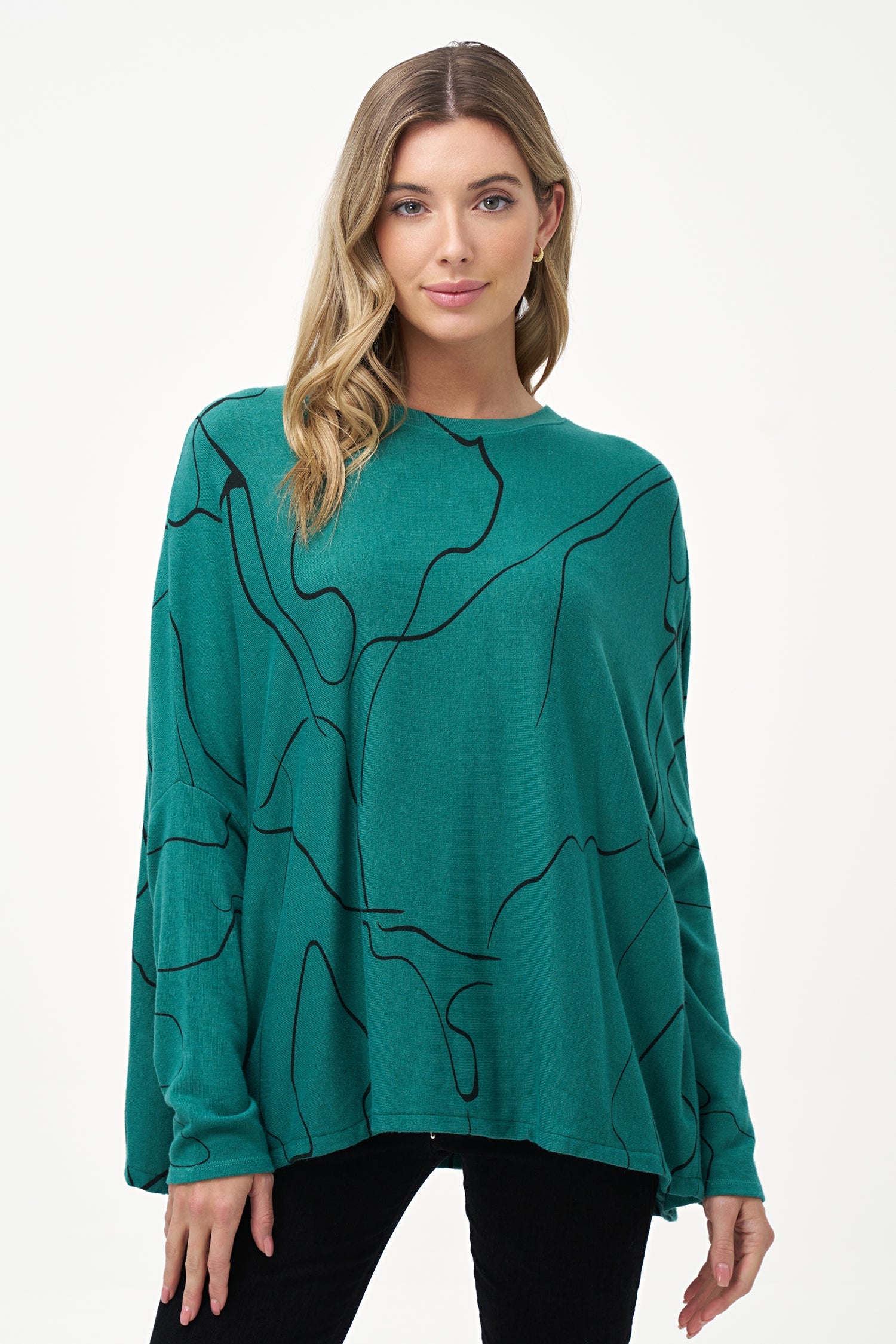 Women's knit long sleeve oversized  top, with a wide crew-neckline and a dropped shoulder