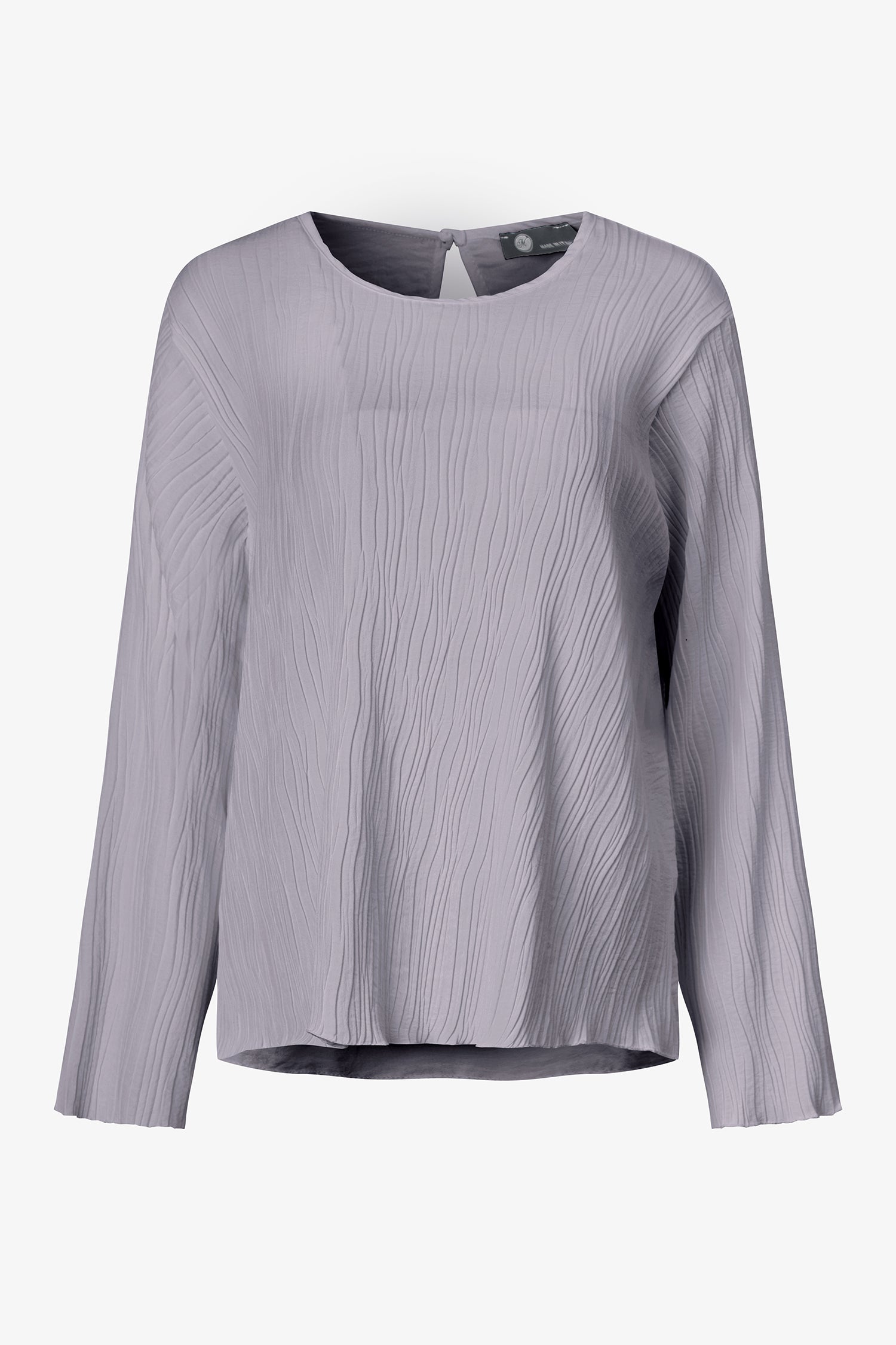 Women's woven crew-neck long sleeve top, with a button closure and key-hole detail at the back neckline (textured front and sleeves & untextured at back)