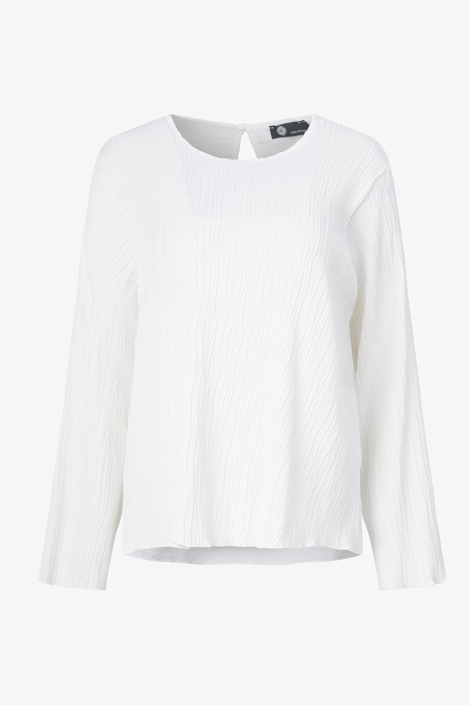 Women's woven crew-neck long sleeve top, with a button closure and key-hole detail at the back neckline (textured front and sleeves & untextured at back)