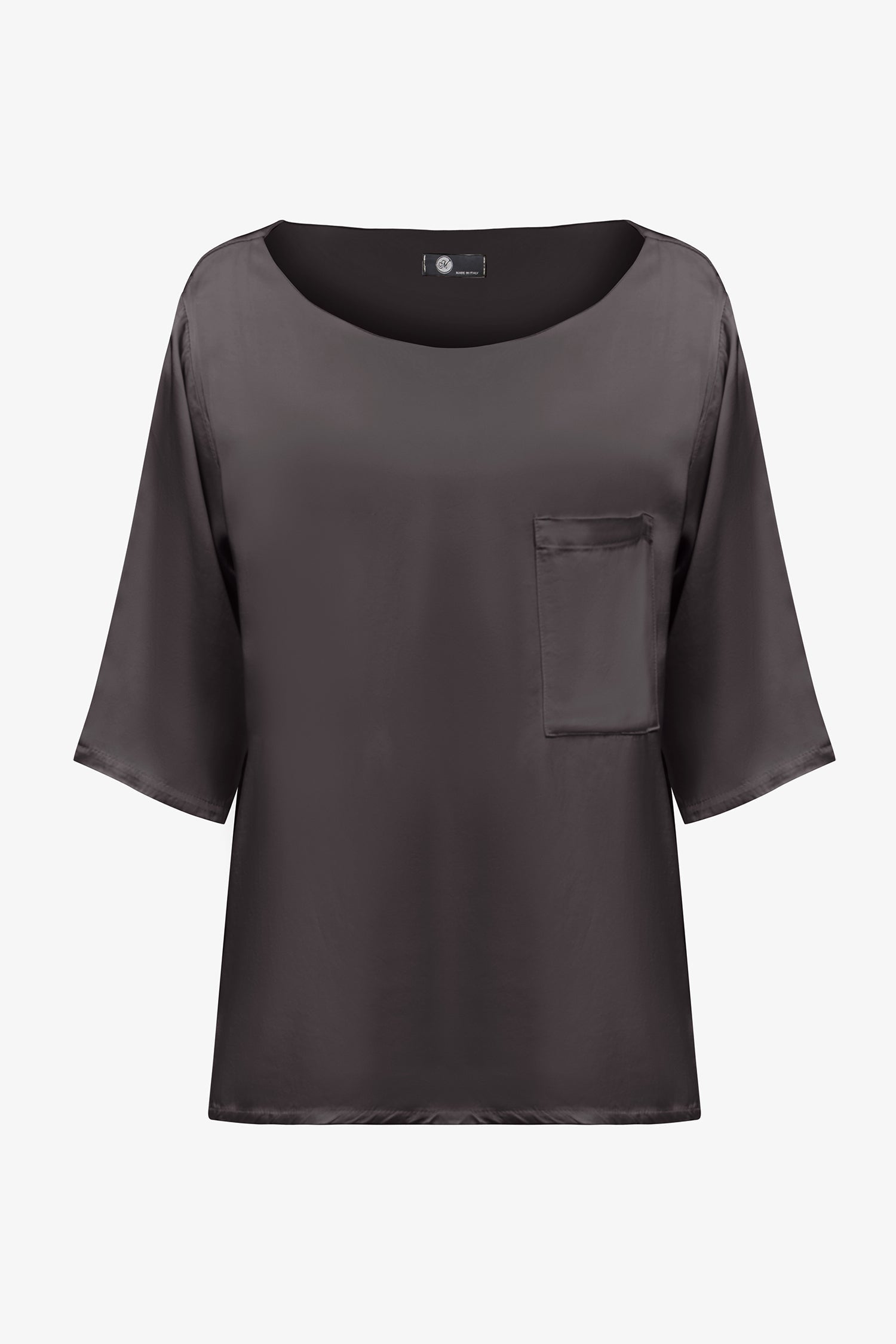 Women’s woven boat-neck top, with elbow length sleeves and a pocket at the chest