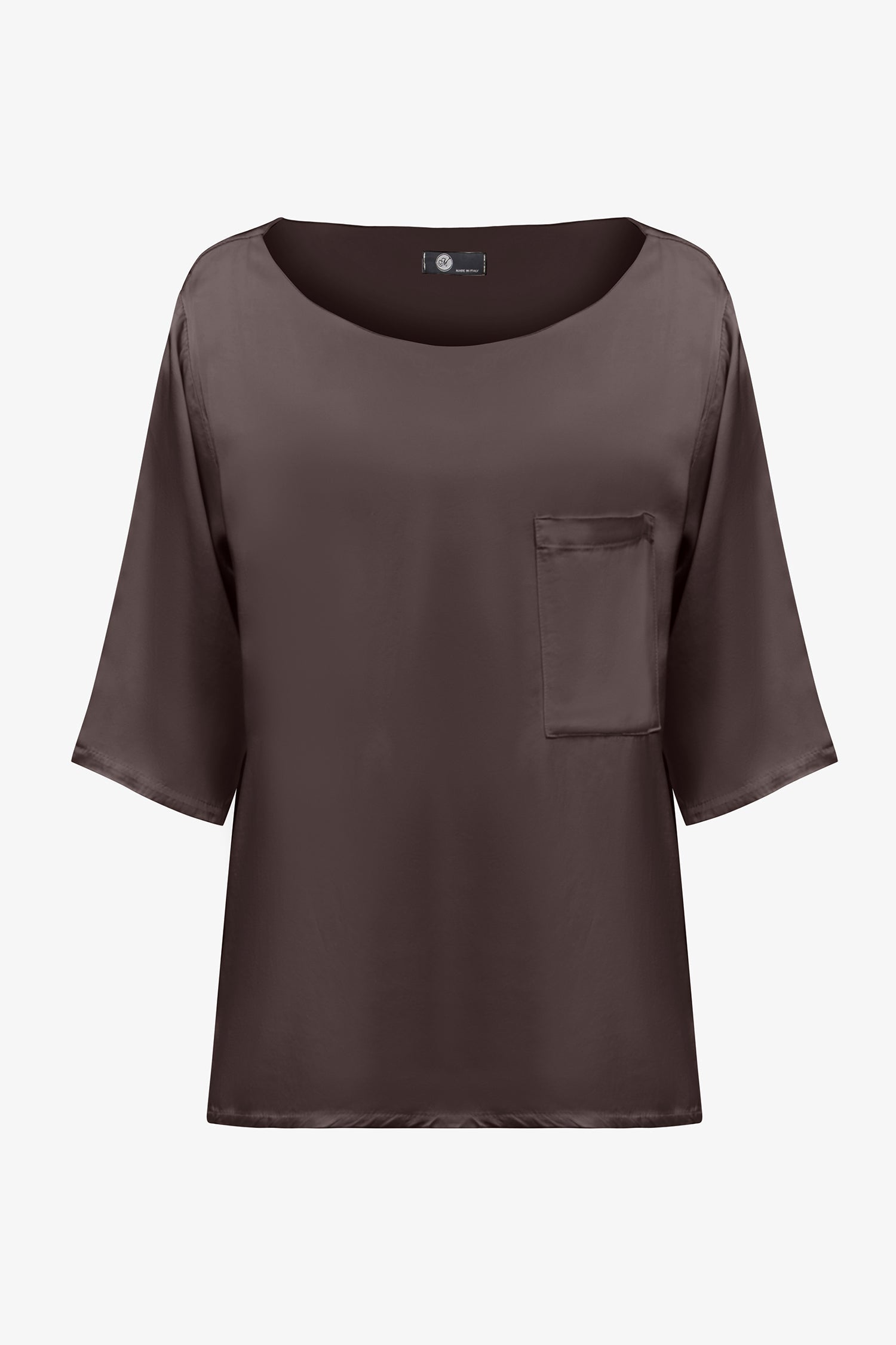 Women’s woven boat-neck top, with elbow length sleeves and a pocket at the chest