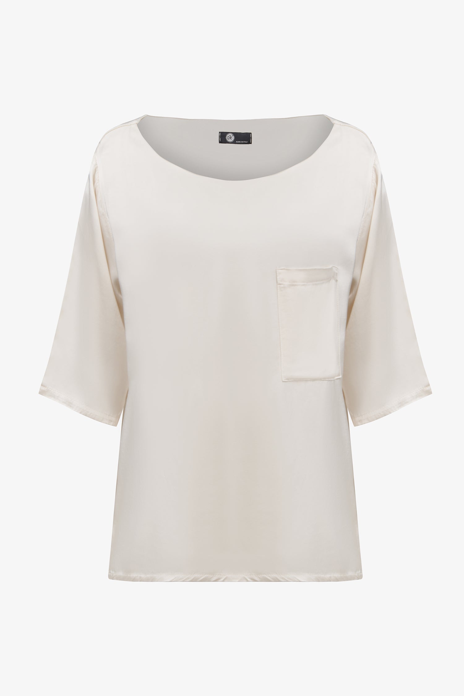 Women’s woven boat-neck top, with elbow length sleeves and a pocket at the chest