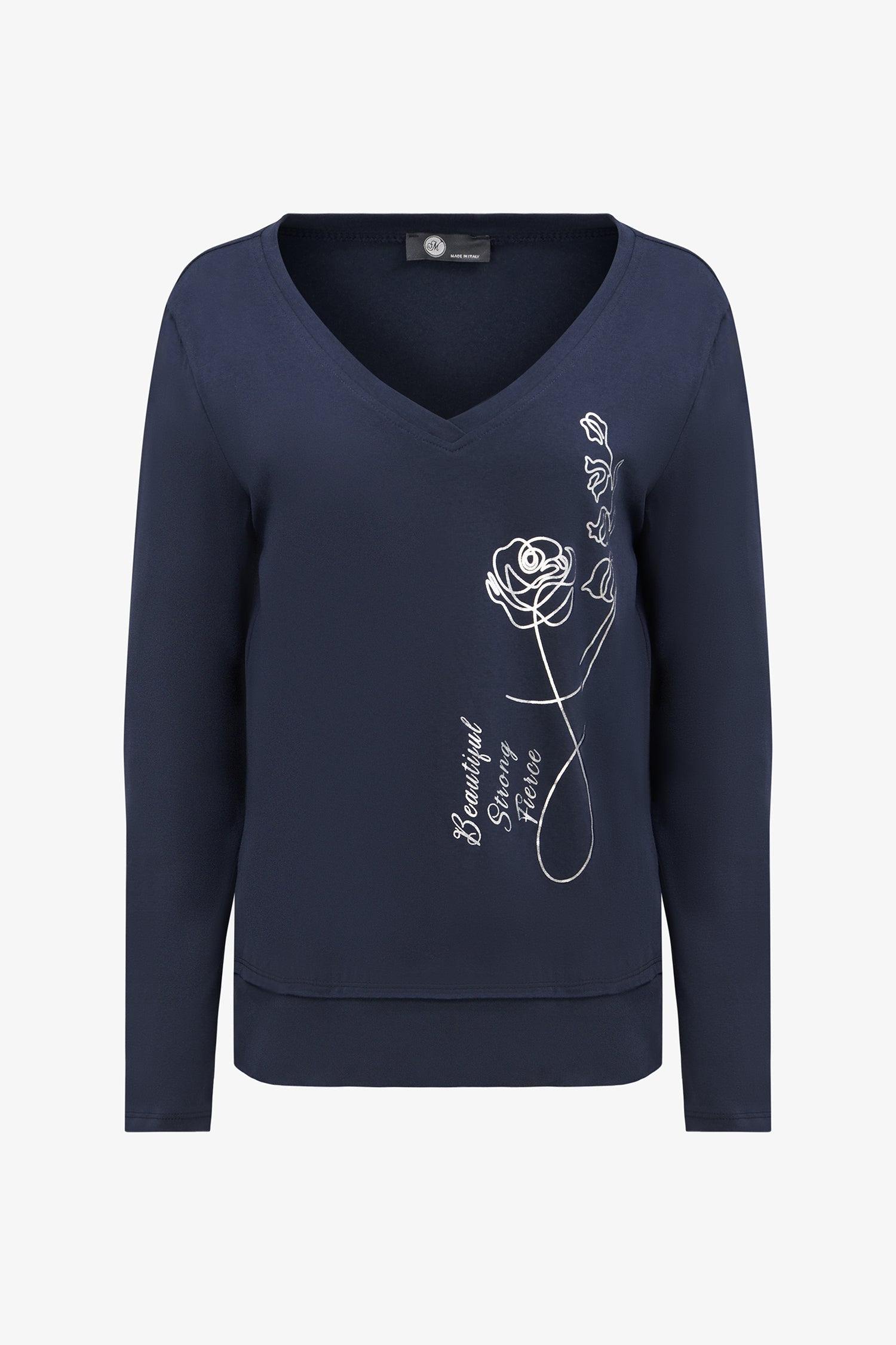 Women's knit v-neckline long sleeve top, with a front scooped uneven hemline and placement print