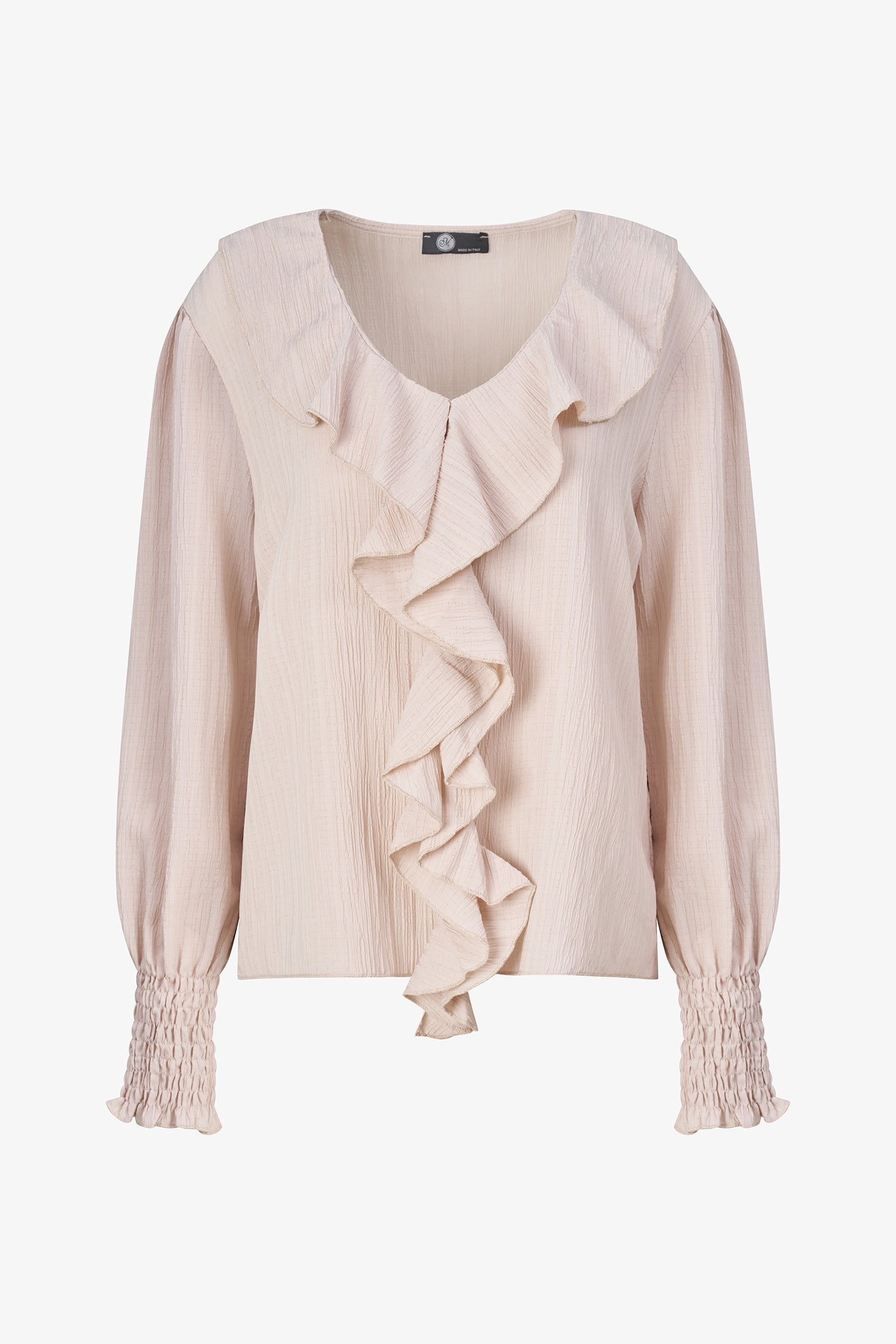 Women’s woven v-neck top, with a ruffled collar and long sleeves with smocked cuffs