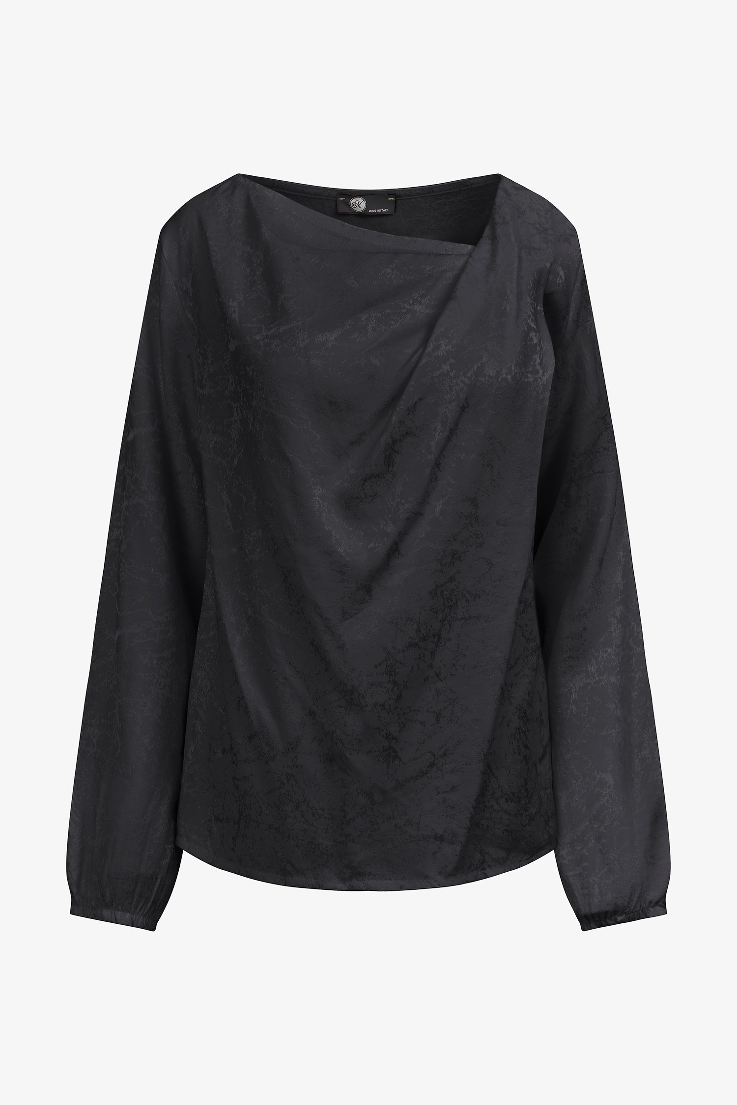 Women’s woven long sleeve top, with an asymmetrical collar