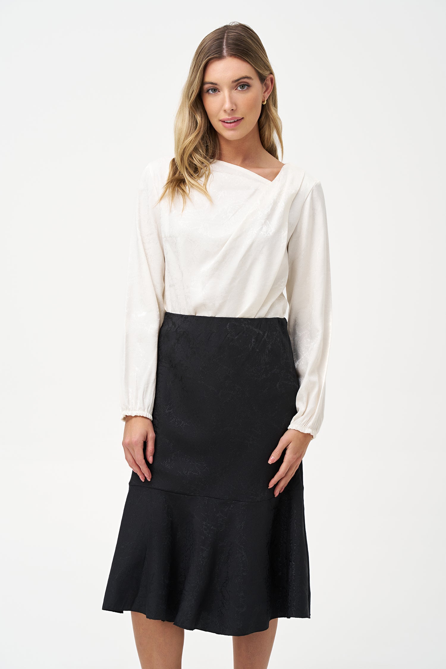Women’s woven long sleeve top, with an asymmetrical collar