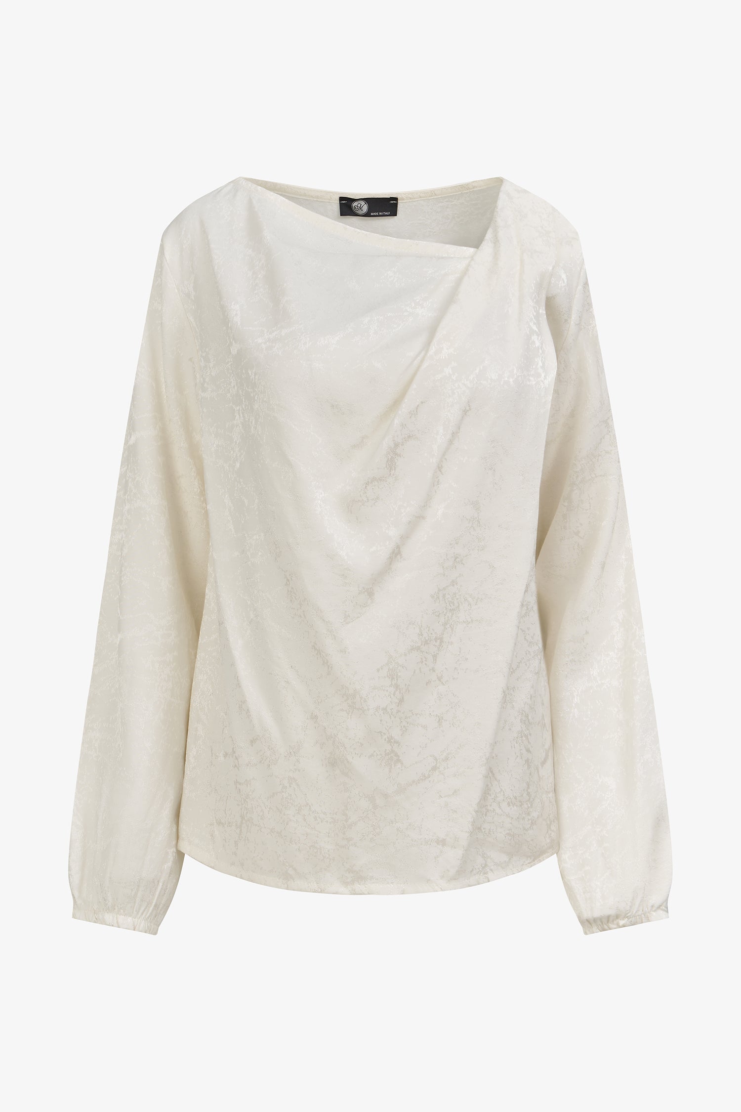 Women’s woven long sleeve top, with an asymmetrical collar