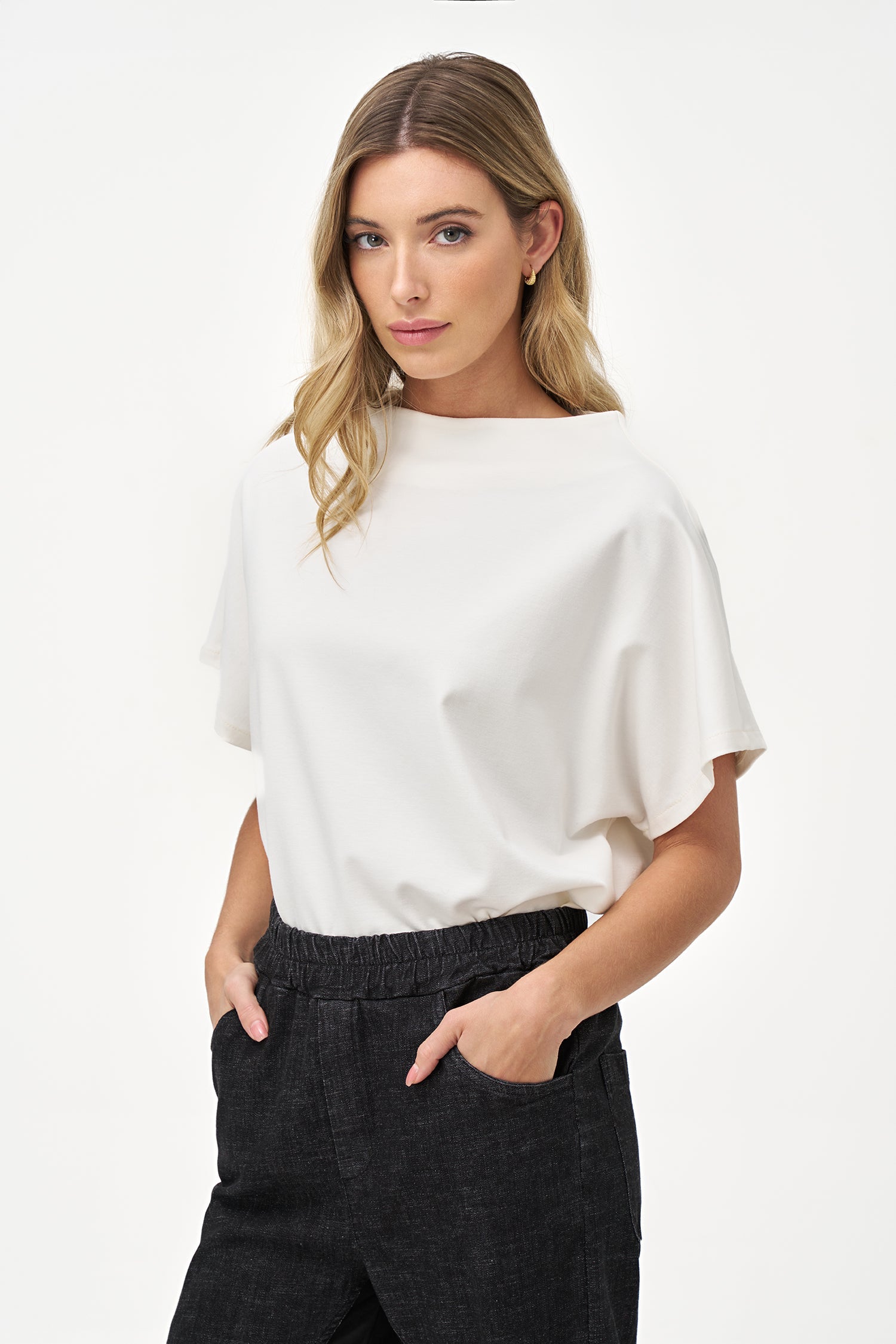 Women's knit mock-neck top, with flowing short sleeves