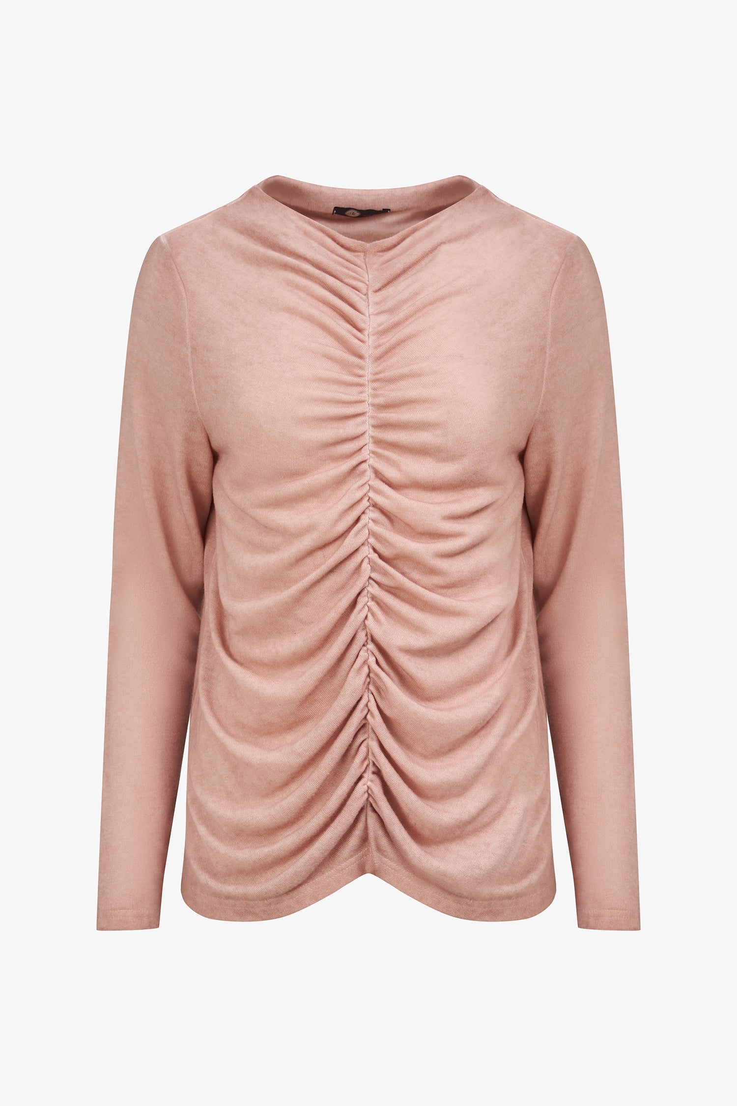 Women's knit long sleeve mock-neck top, with a ruched front body