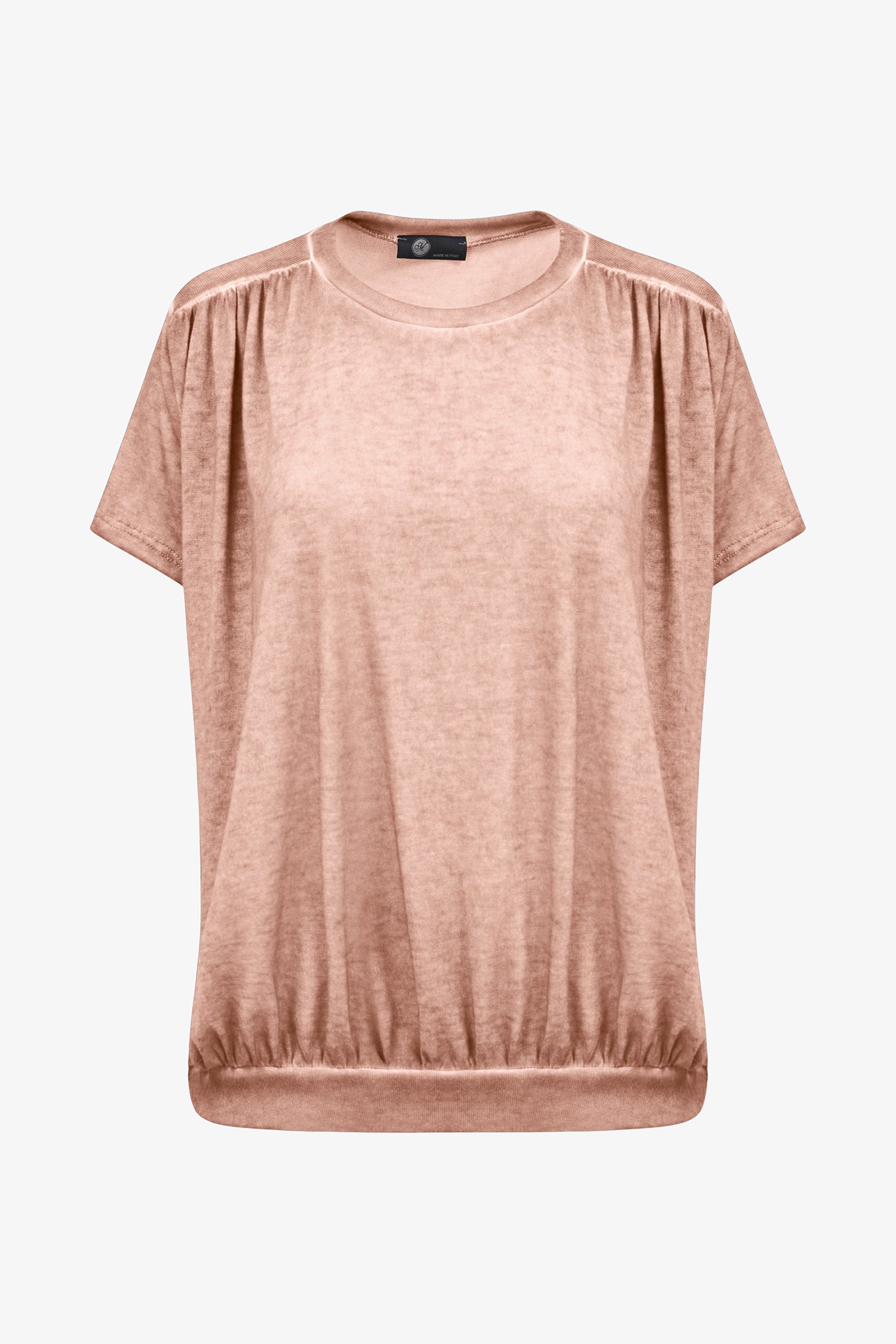 Women's knit short sleeve crew-neck top, with ruched shoulder seams and ruching into the waistband