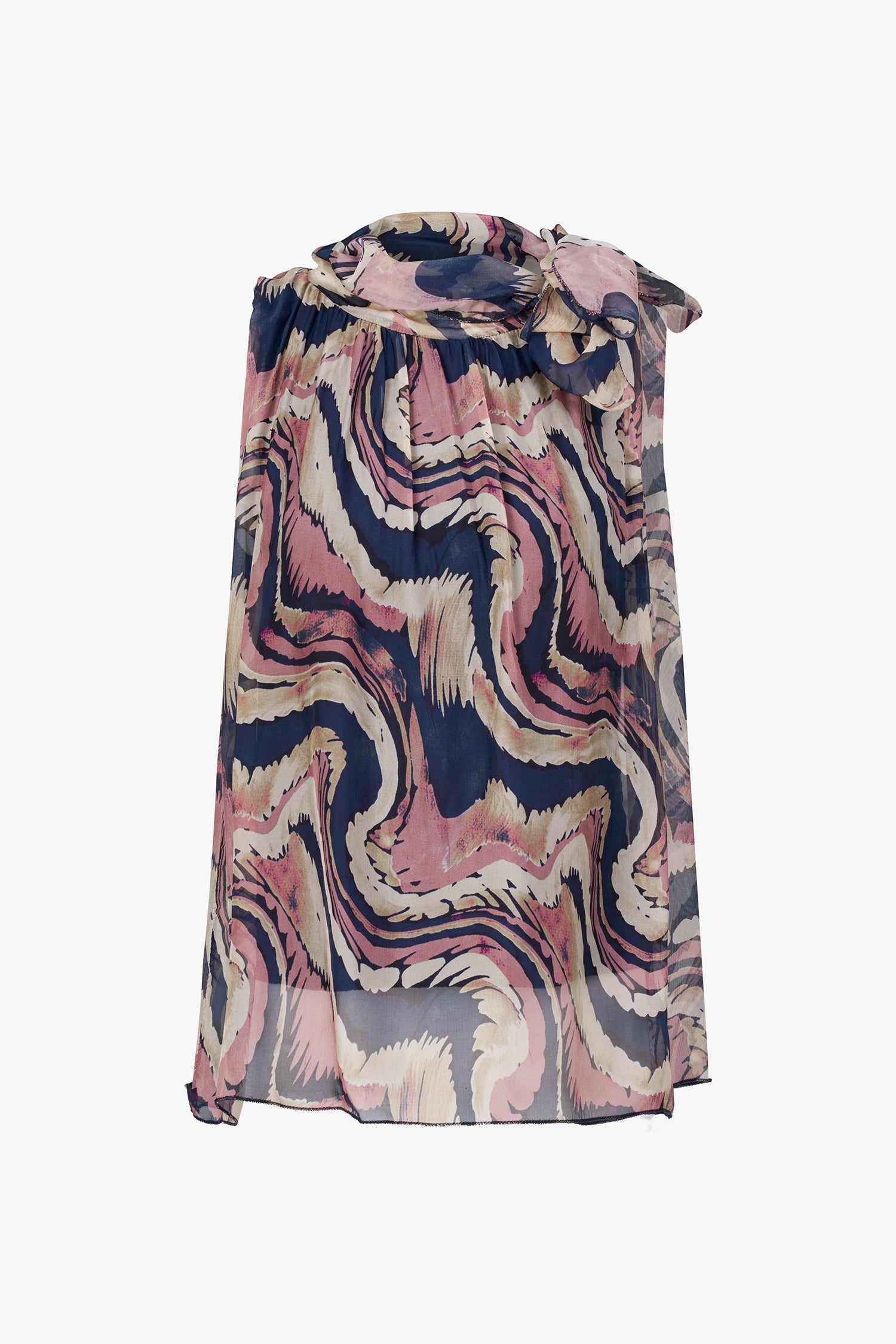 Women’s woven sleeveless top, with tied cowl-neckline collar