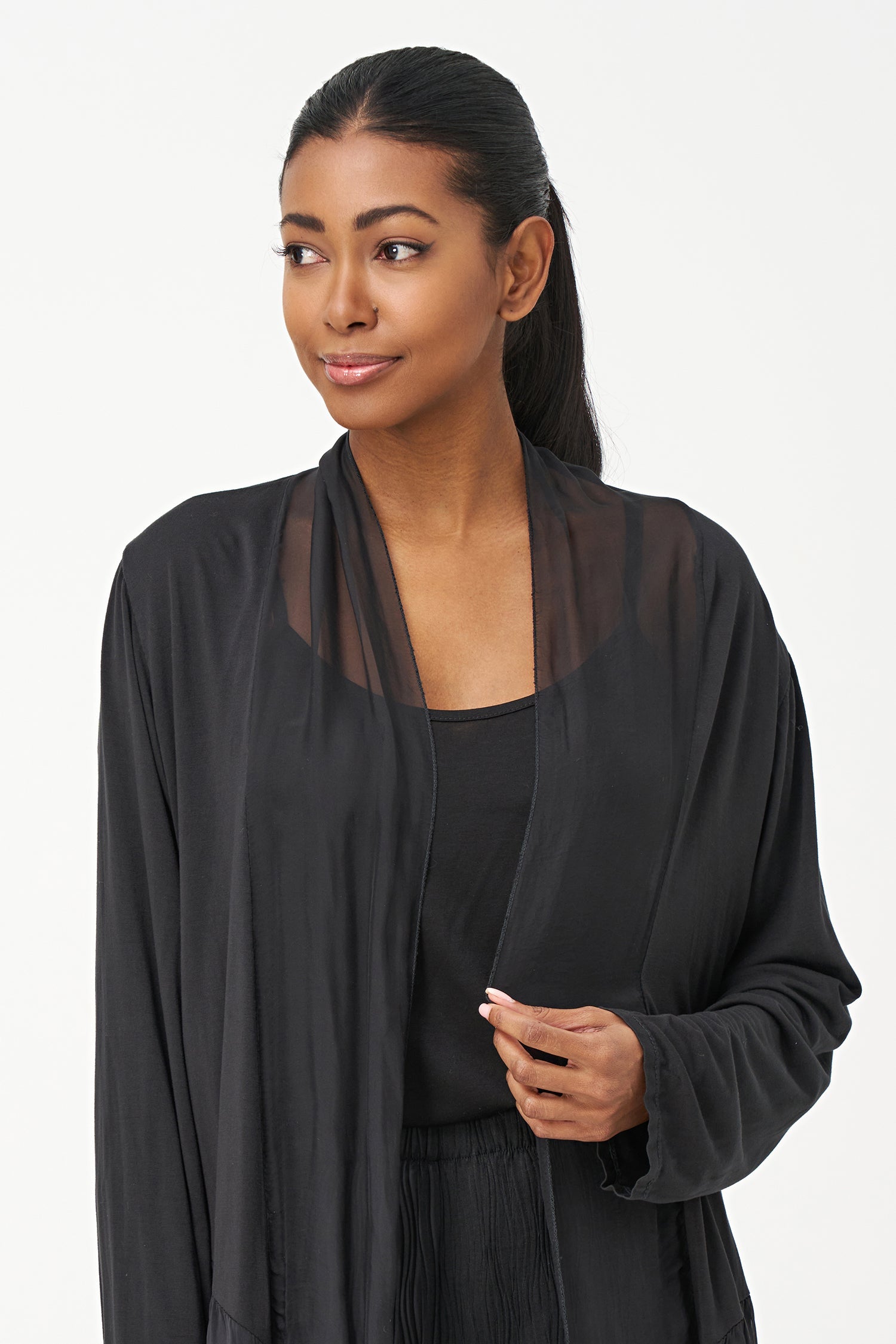 Women’s woven and knit combo cardigan, with long sleeves