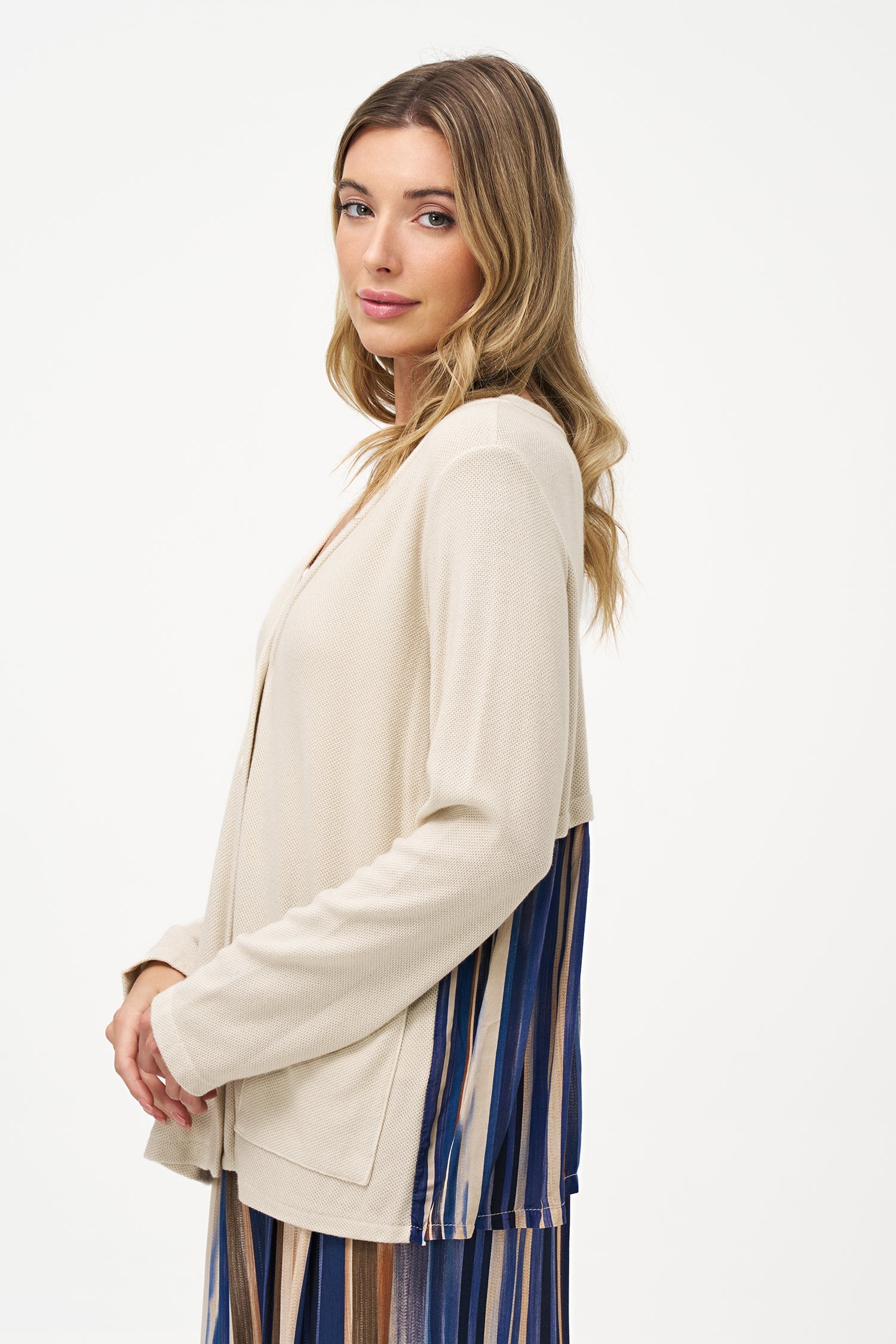 Women’s v-neckline knit button-down cardigan, with woven trim back panel