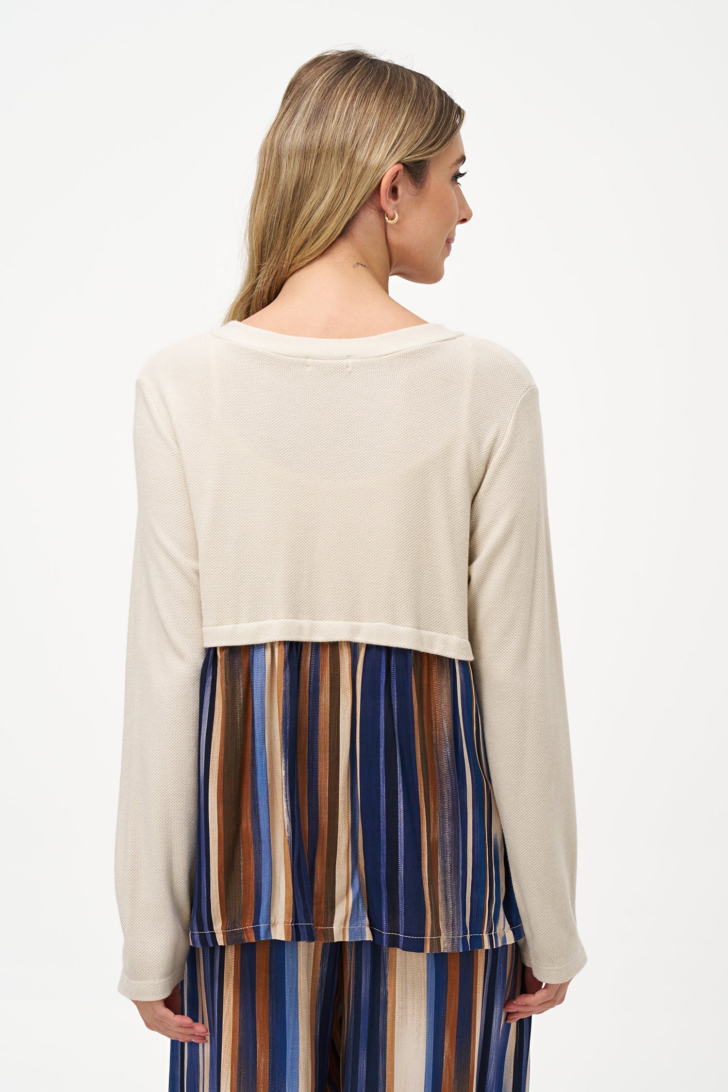 Women’s v-neckline knit button-down cardigan, with woven trim back panel