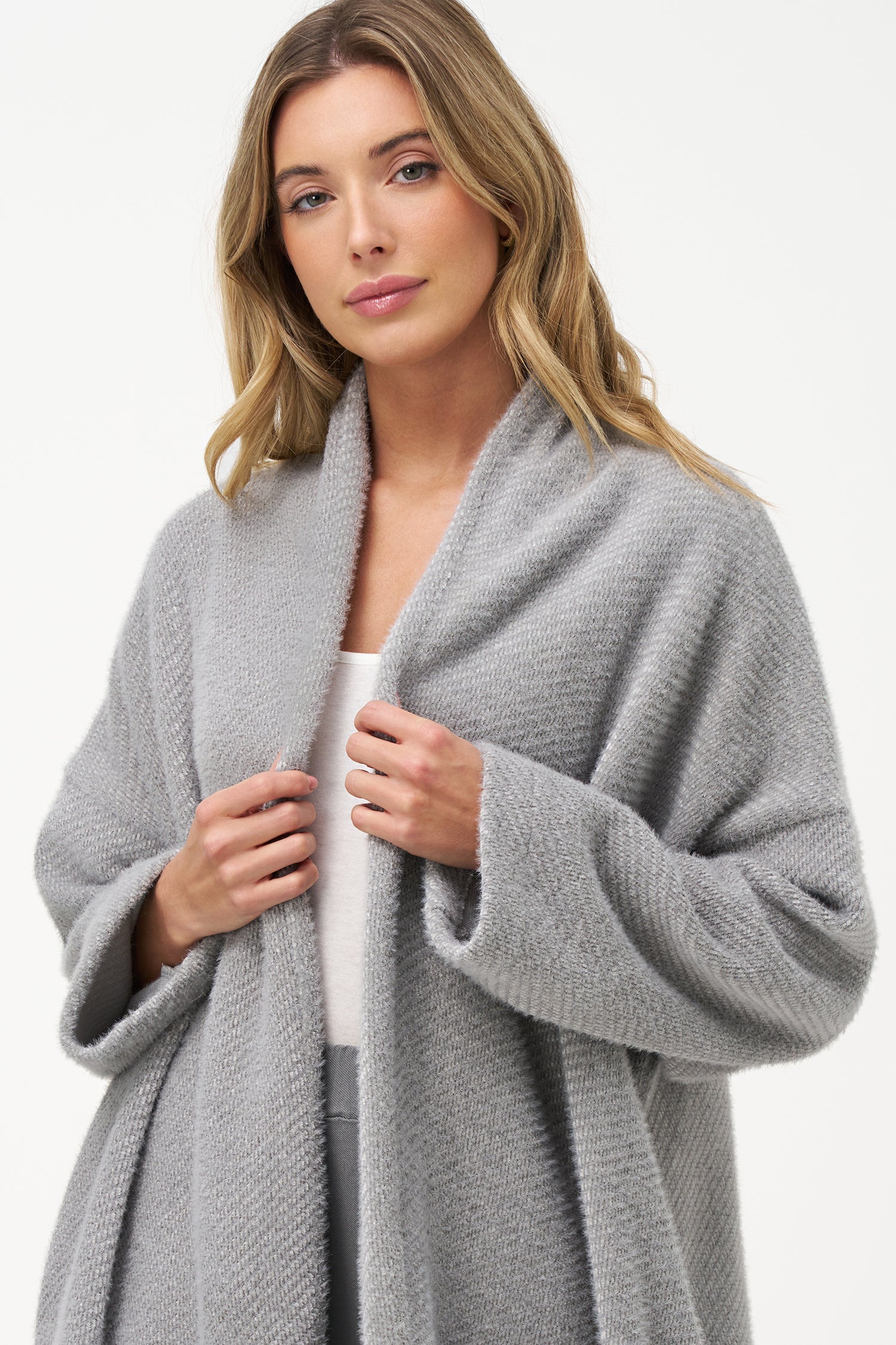 Women's knit long sleeve cardigan with a shawl collar