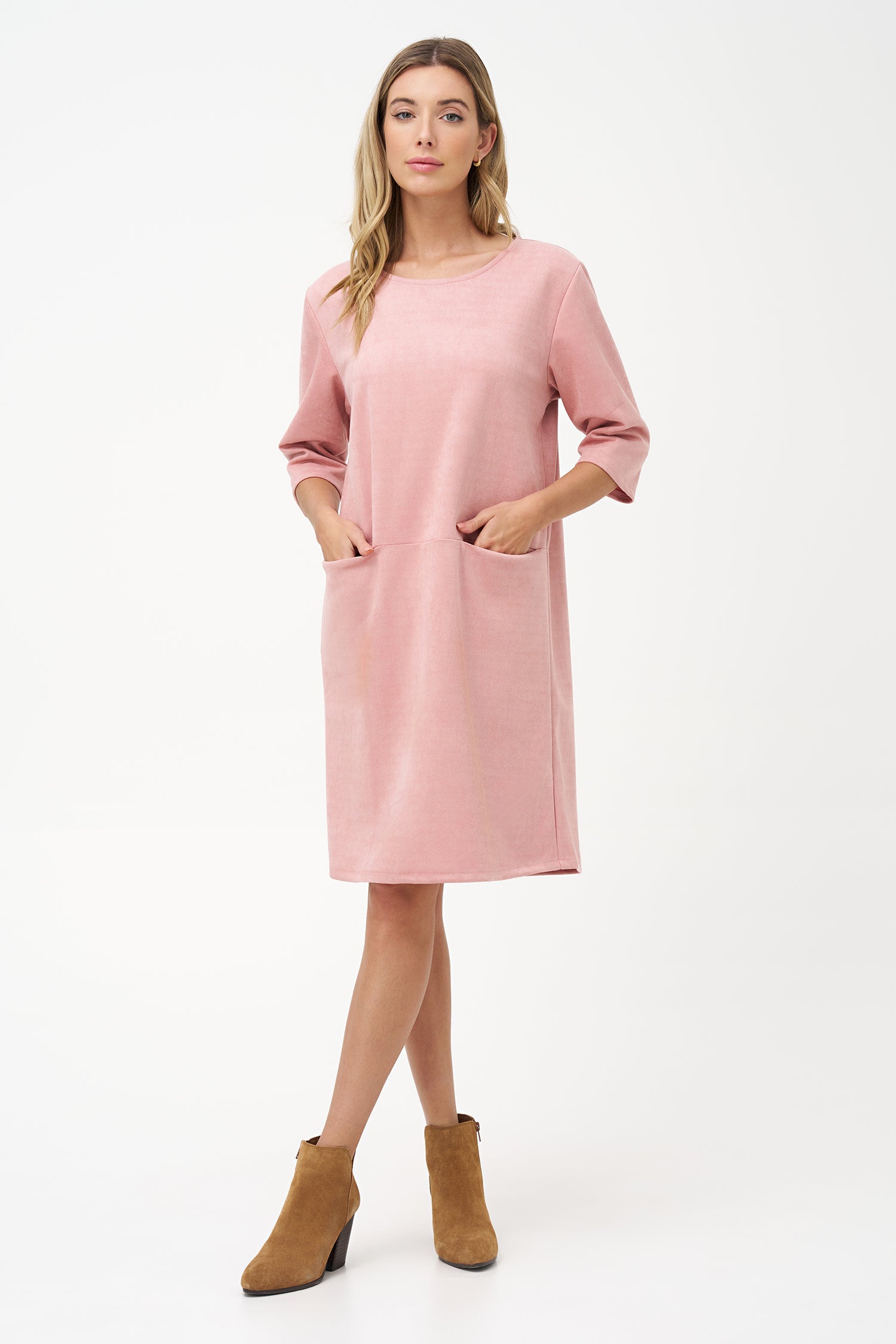 Women's knit scoop-neckline dress, with elbow-length sleeves and front seam pockets
