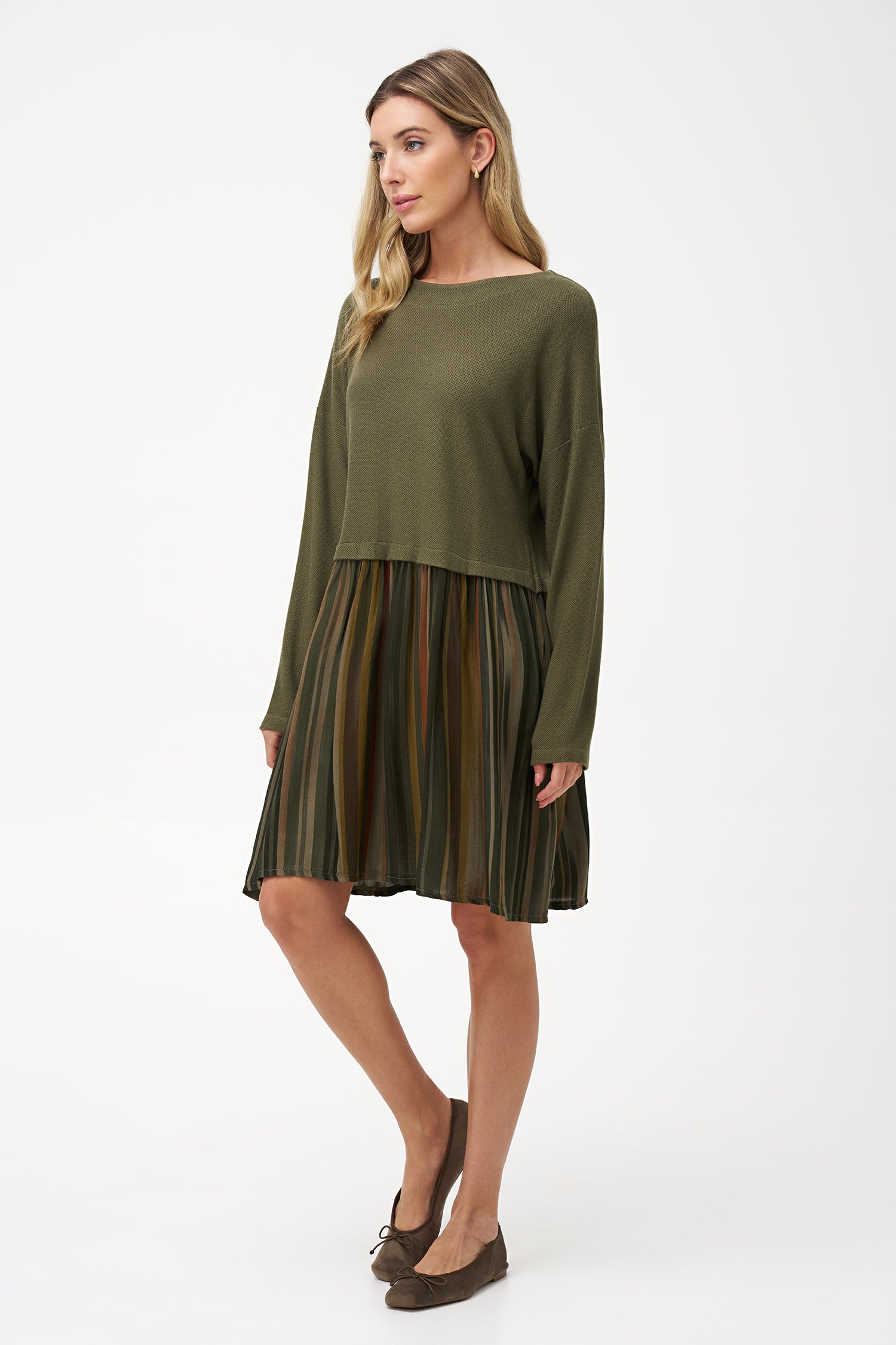 Women’s wide-neck, long sleeve dress, with side seam pockets (knit upper-body with a woven lower-body)