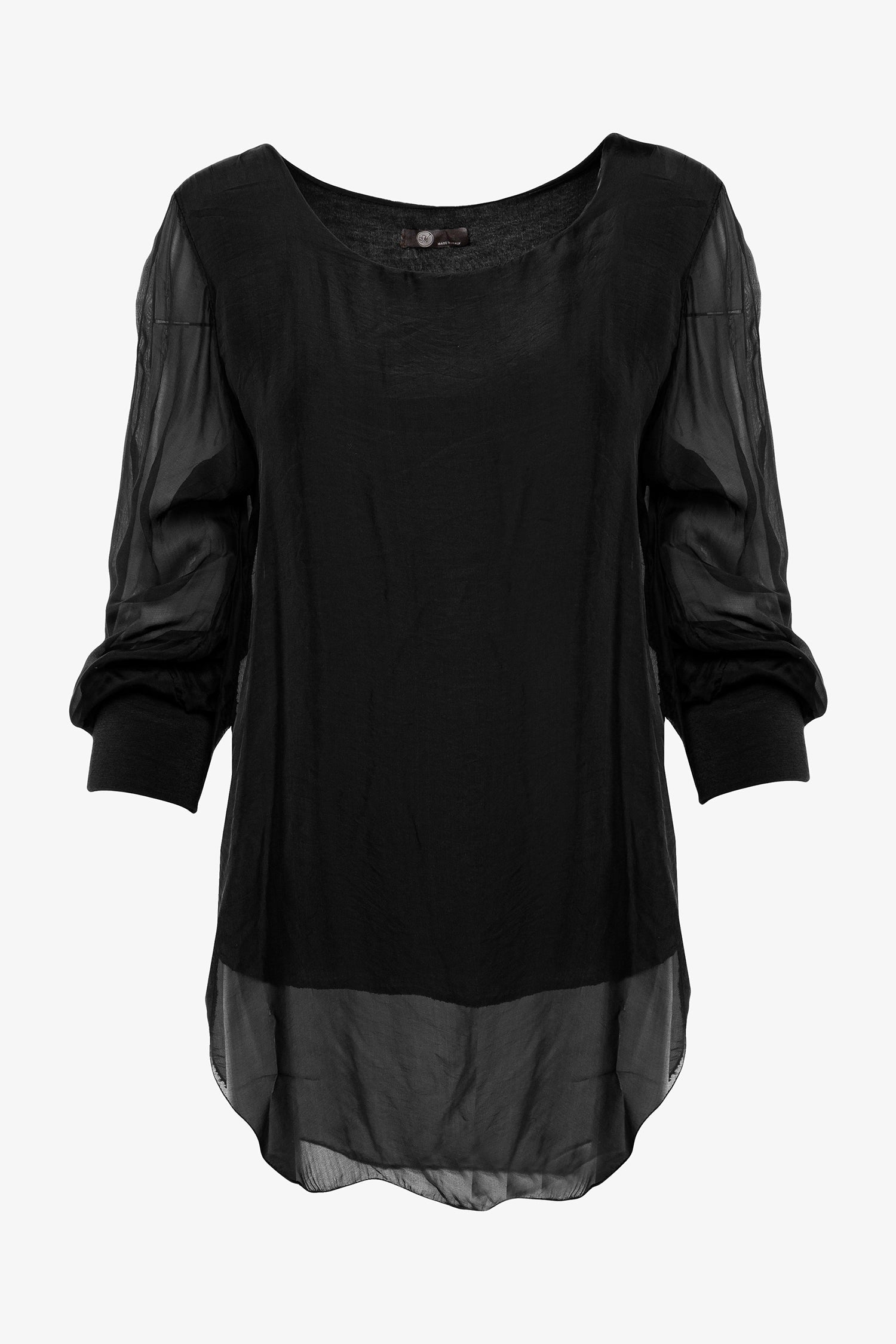 Women's woven long sleeve crew-neck top with cuffs