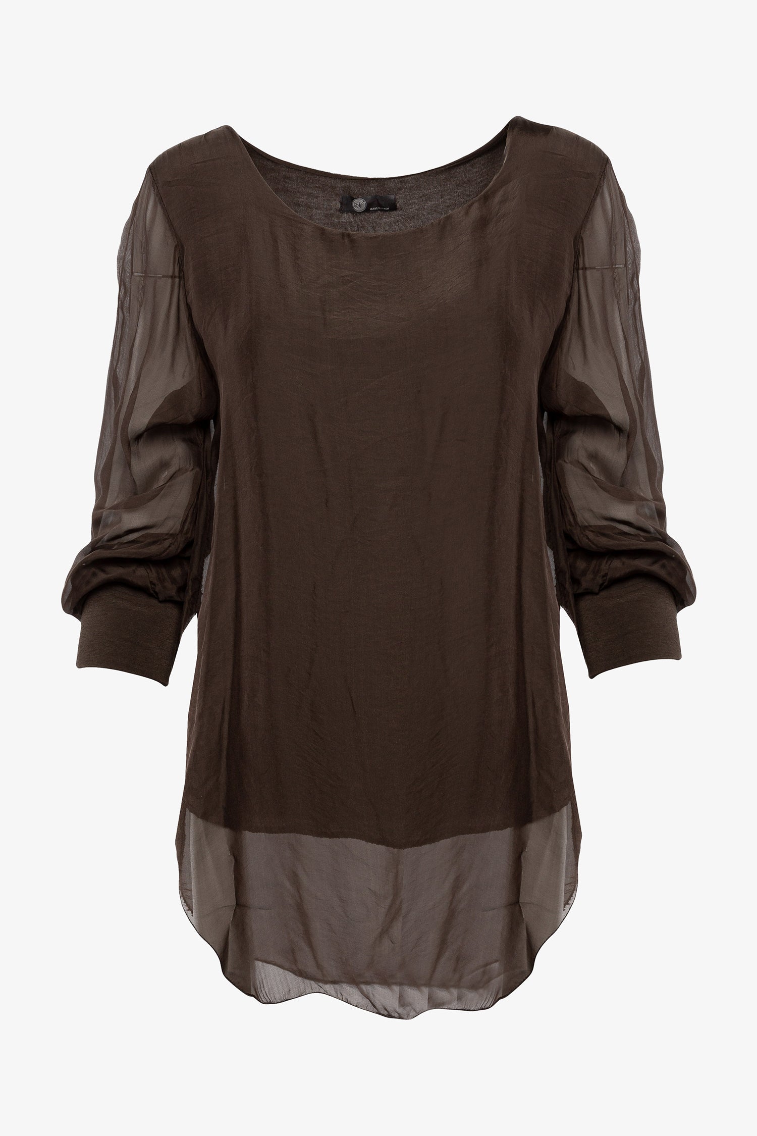 Women's woven long sleeve crew-neck top with cuffs