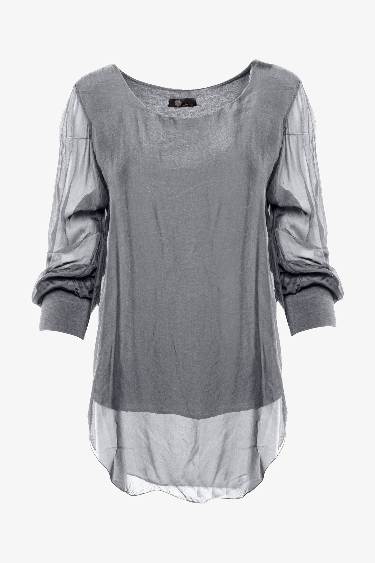 Women's woven long sleeve crew-neck top with cuffs