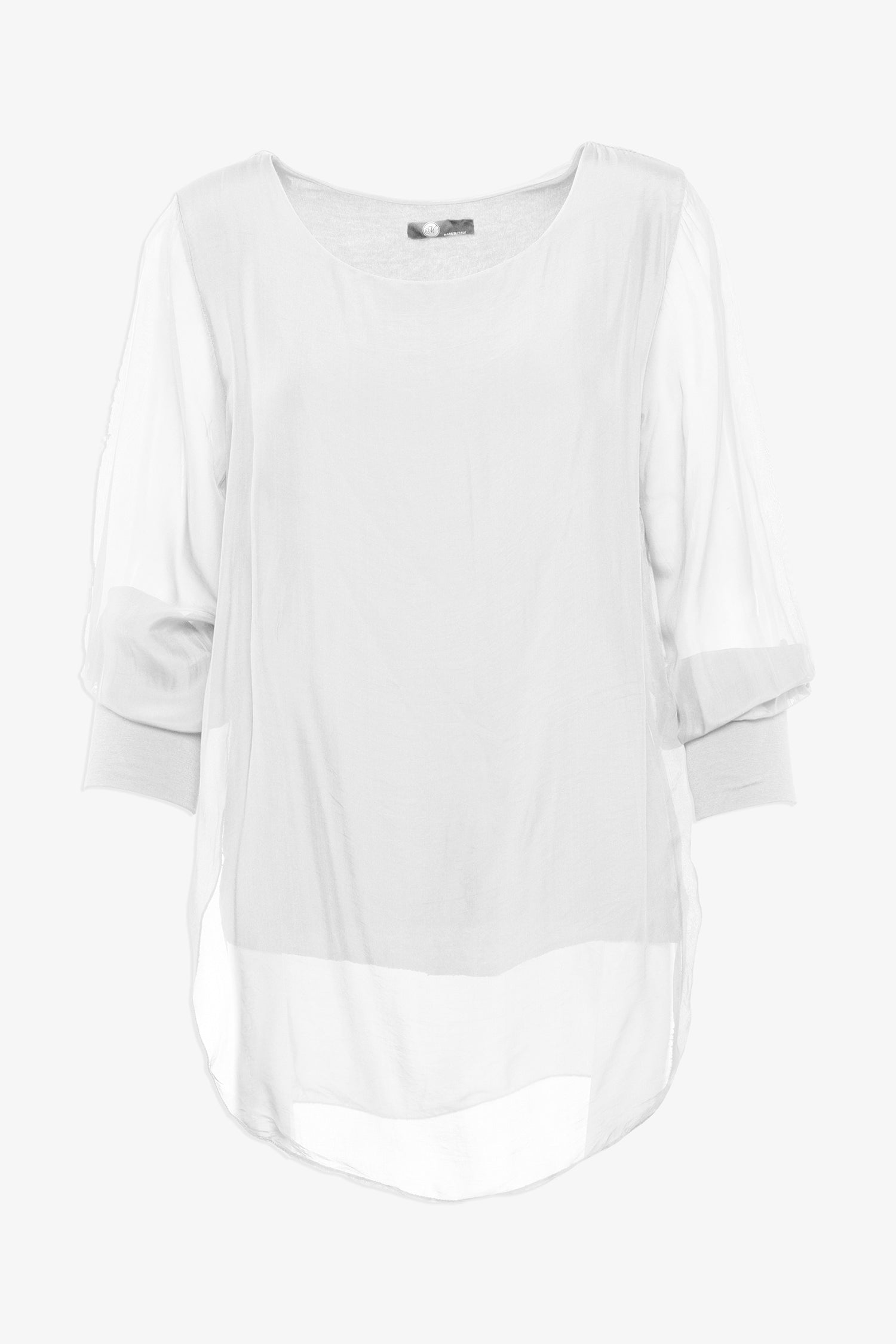 Women's woven long sleeve crew-neck top with cuffs