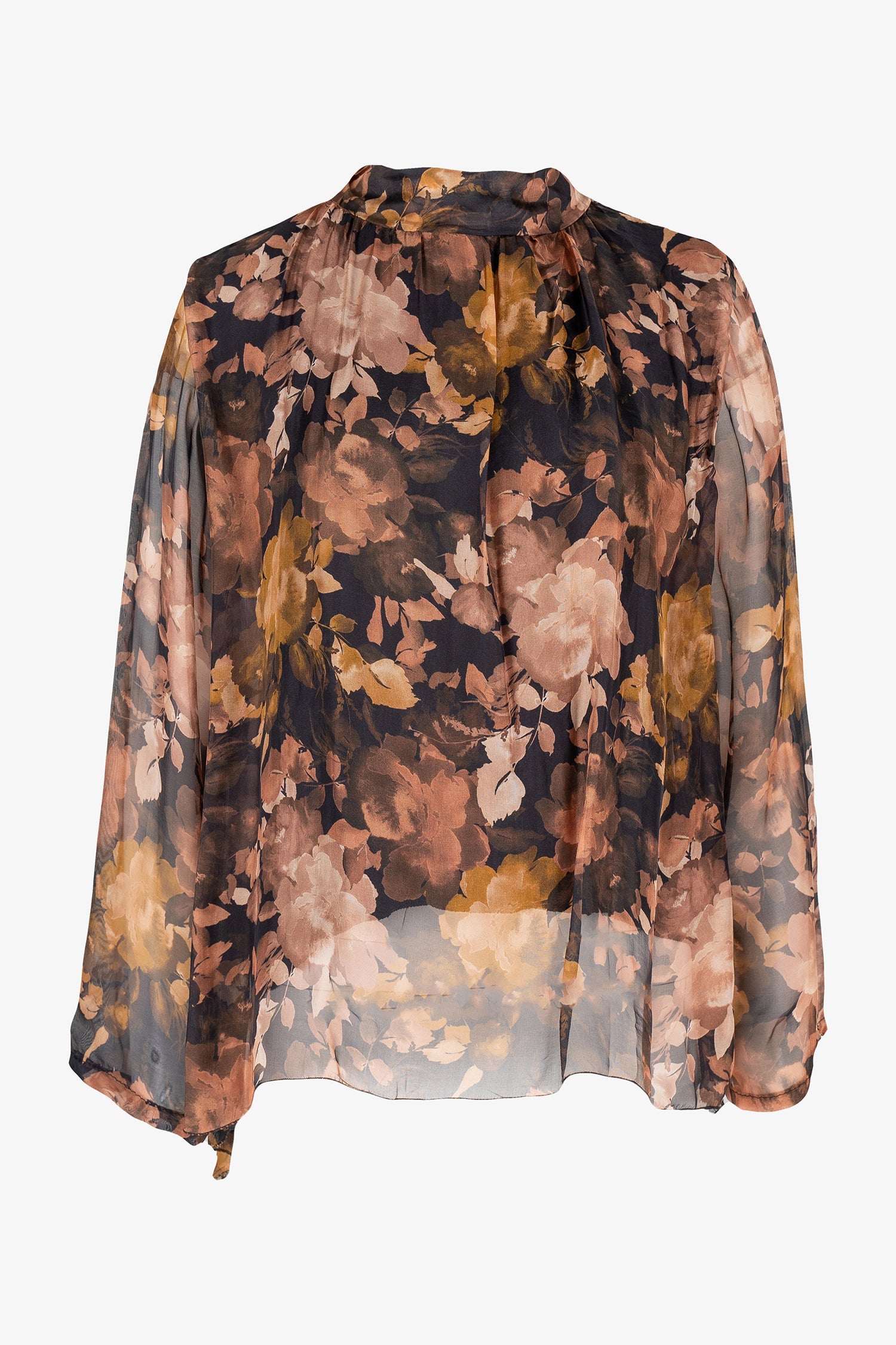 Women’s woven tunic, with long sleeves, a self-tie mock-neckline and a hi-low hemline