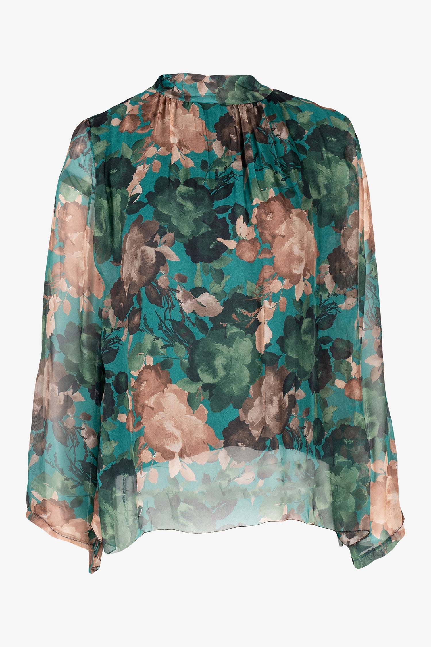 Women’s woven tunic, with long sleeves, a self-tie mock-neckline and a hi-low hemline