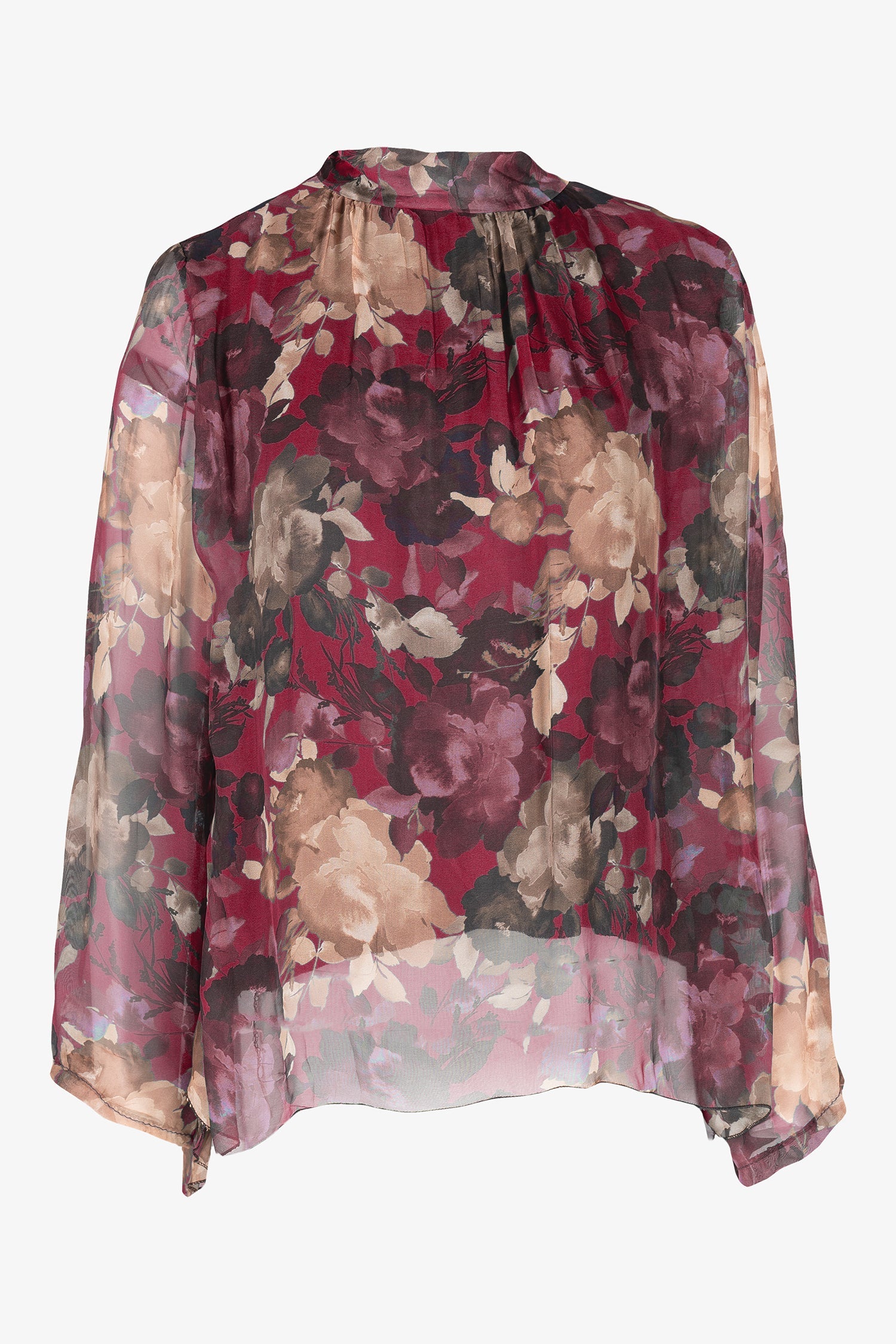 Women’s woven tunic, with long sleeves, a self-tie mock-neckline and a hi-low hemline