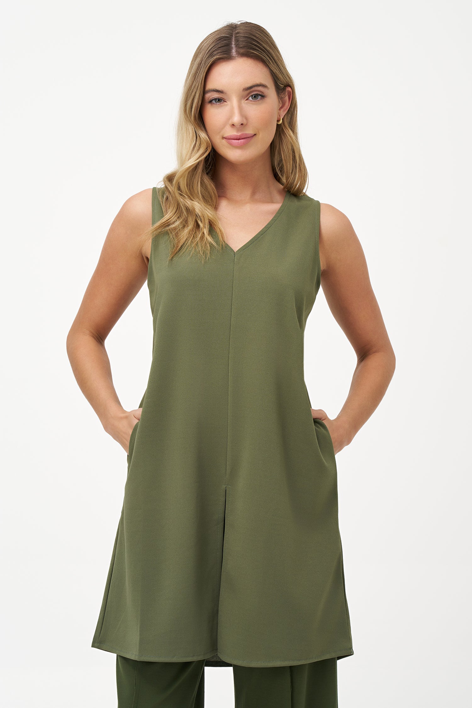 Women’s knit sleeveless v-neck tunic, with a front slit