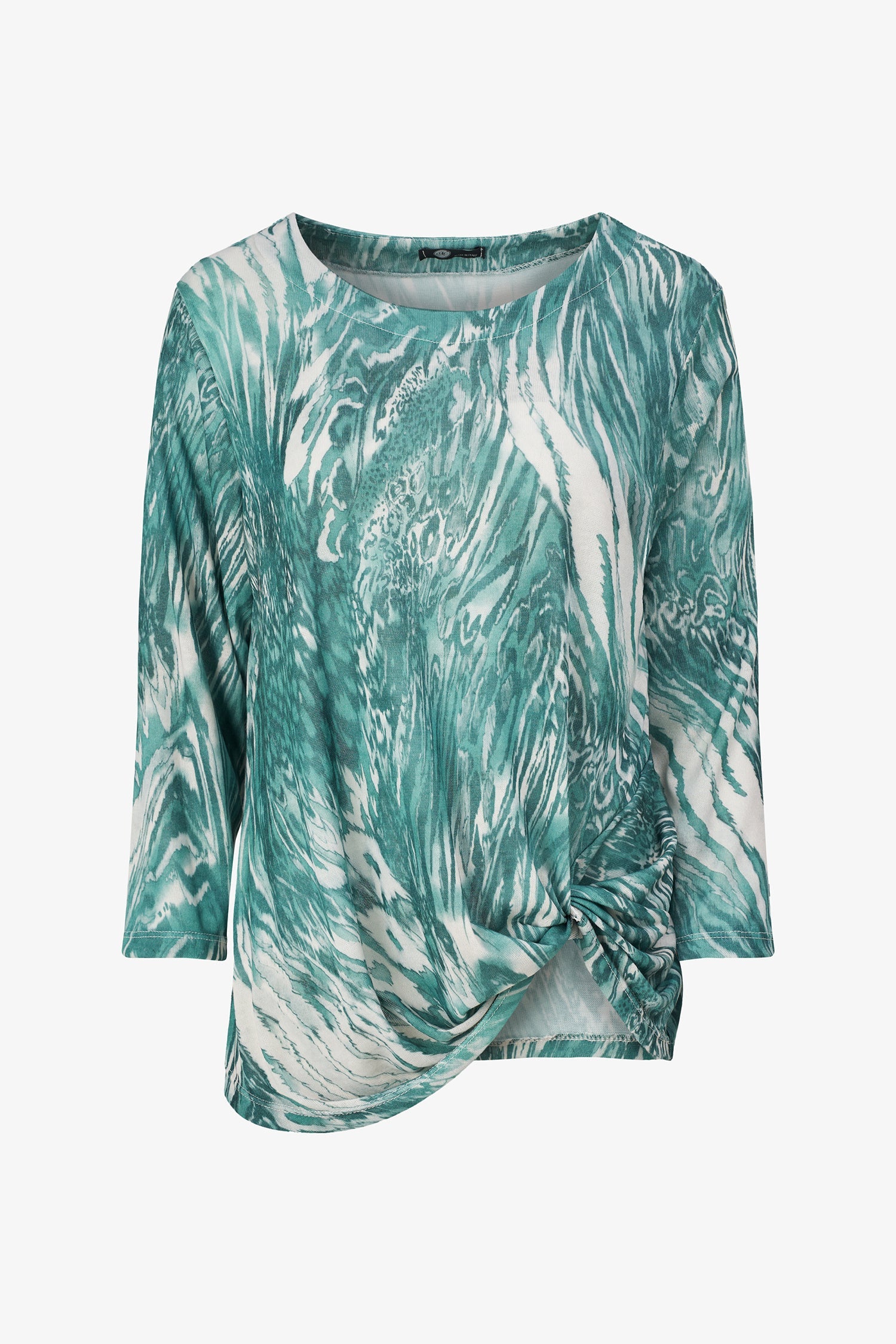 Women's knit wide crew-neckline  tunic, with long sleeves and a twisted front hemline