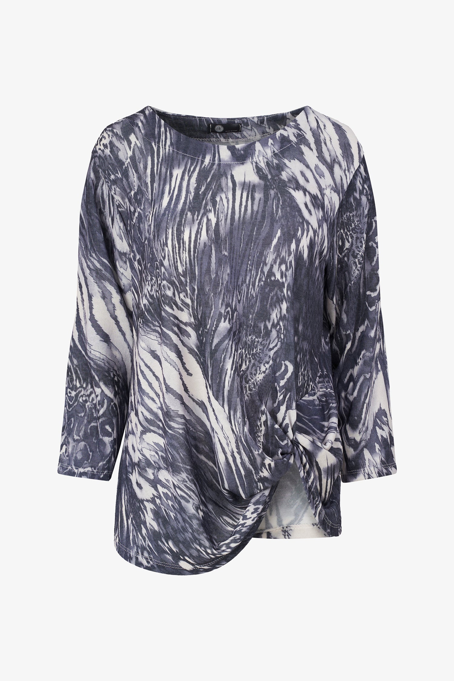 Women's knit wide crew-neckline  tunic, with long sleeves and a twisted front hemline