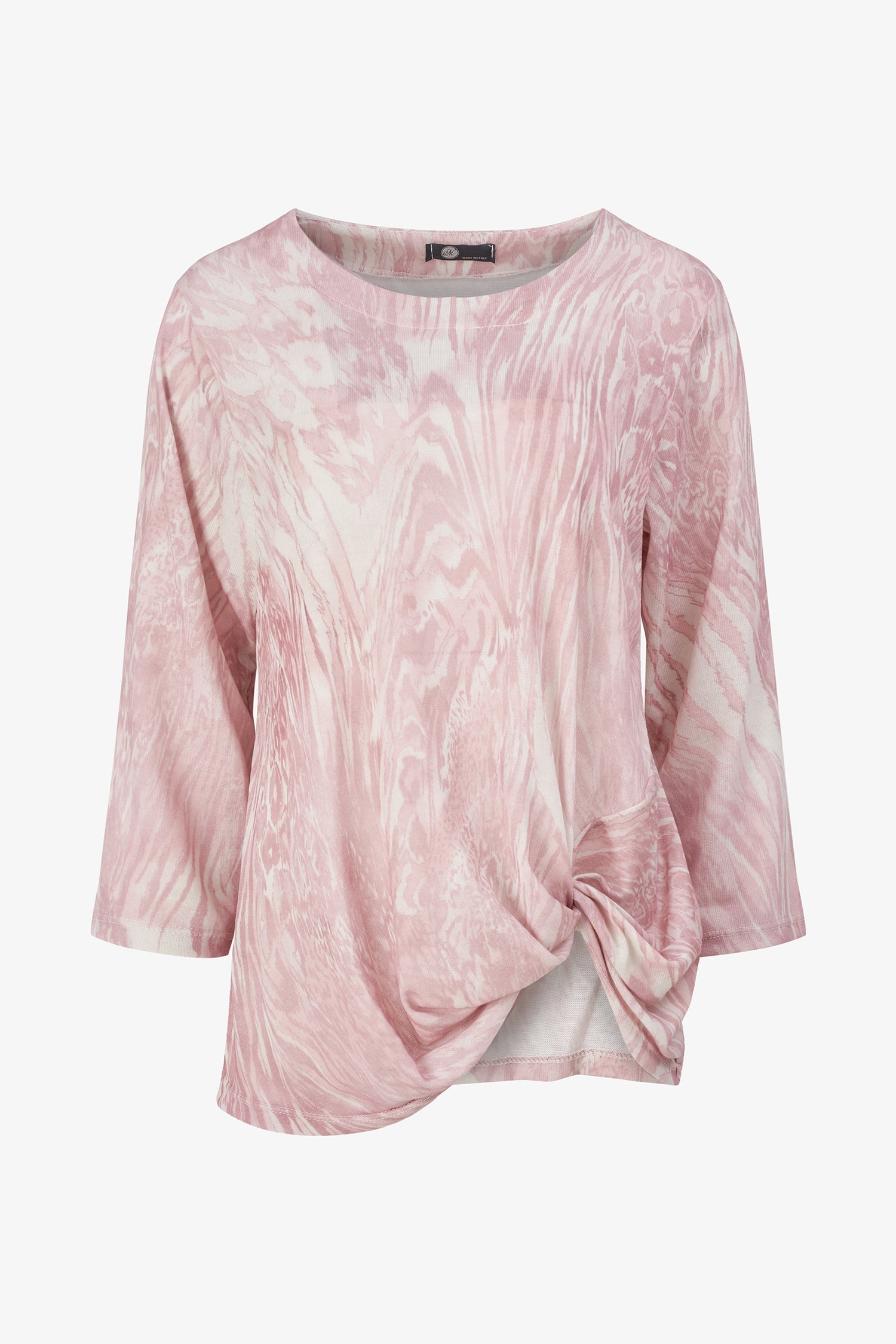 Women's knit wide crew-neckline  tunic, with long sleeves and a twisted front hemline