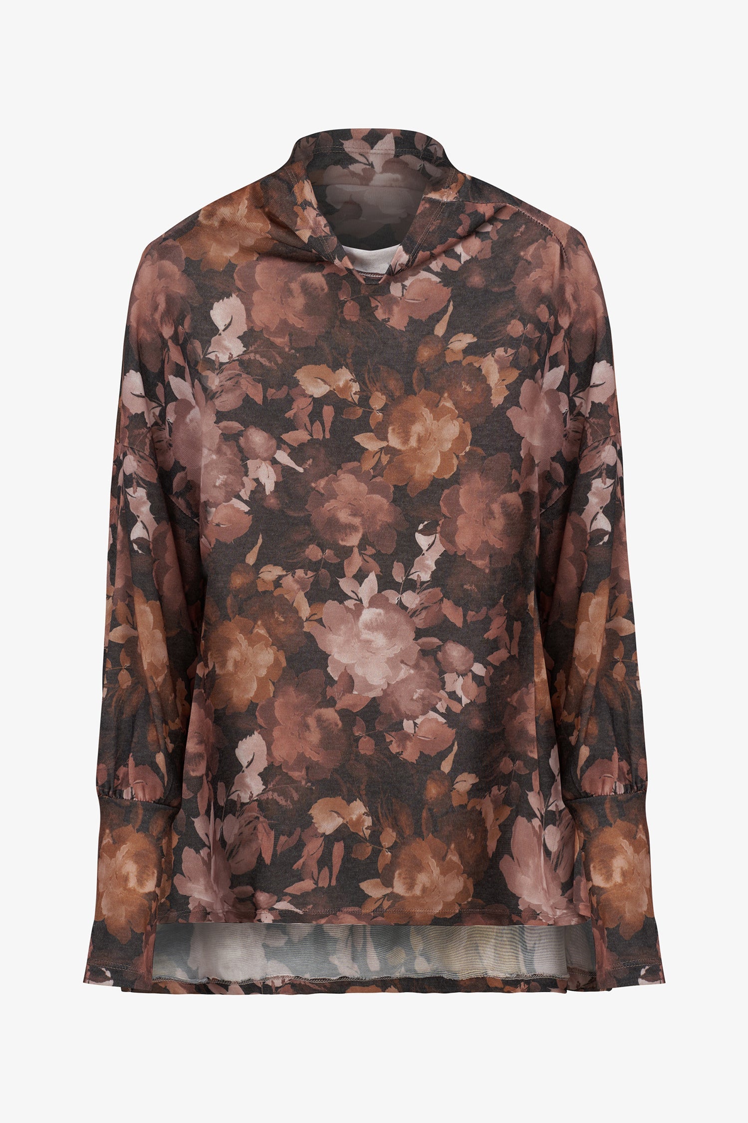 Women's knit long sleeve  tunic, with a cowl turtle-neck collar, and a high/low hemline with side seam slits