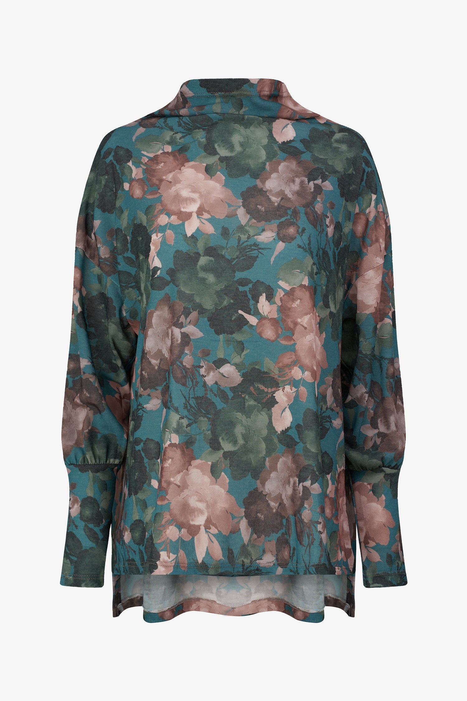 Women's knit long sleeve  tunic, with a cowl turtle-neck collar, and a high/low hemline with side seam slits