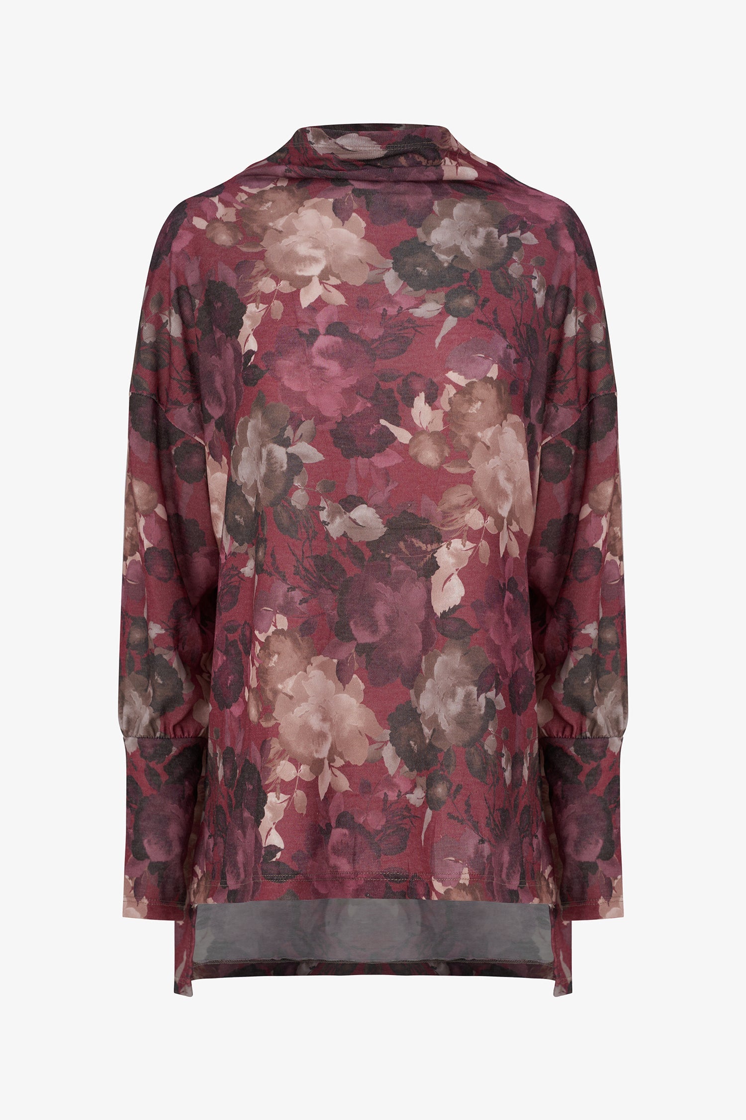 Women's knit long sleeve  tunic, with a cowl turtle-neck collar, and a high/low hemline with side seam slits