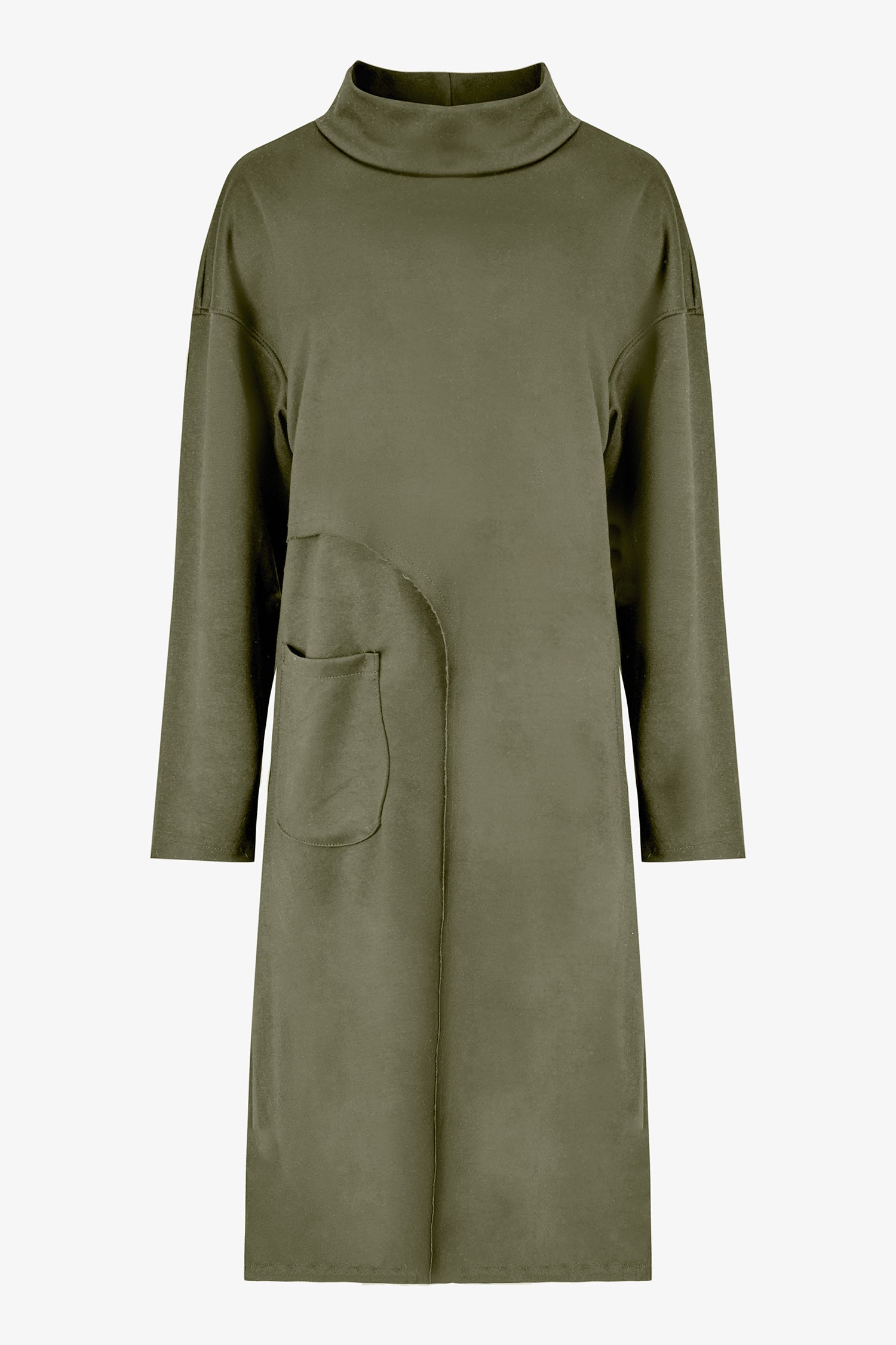 Women’s knit mock-neck tunic, with long sleeves, patch pockets and a front slit opening