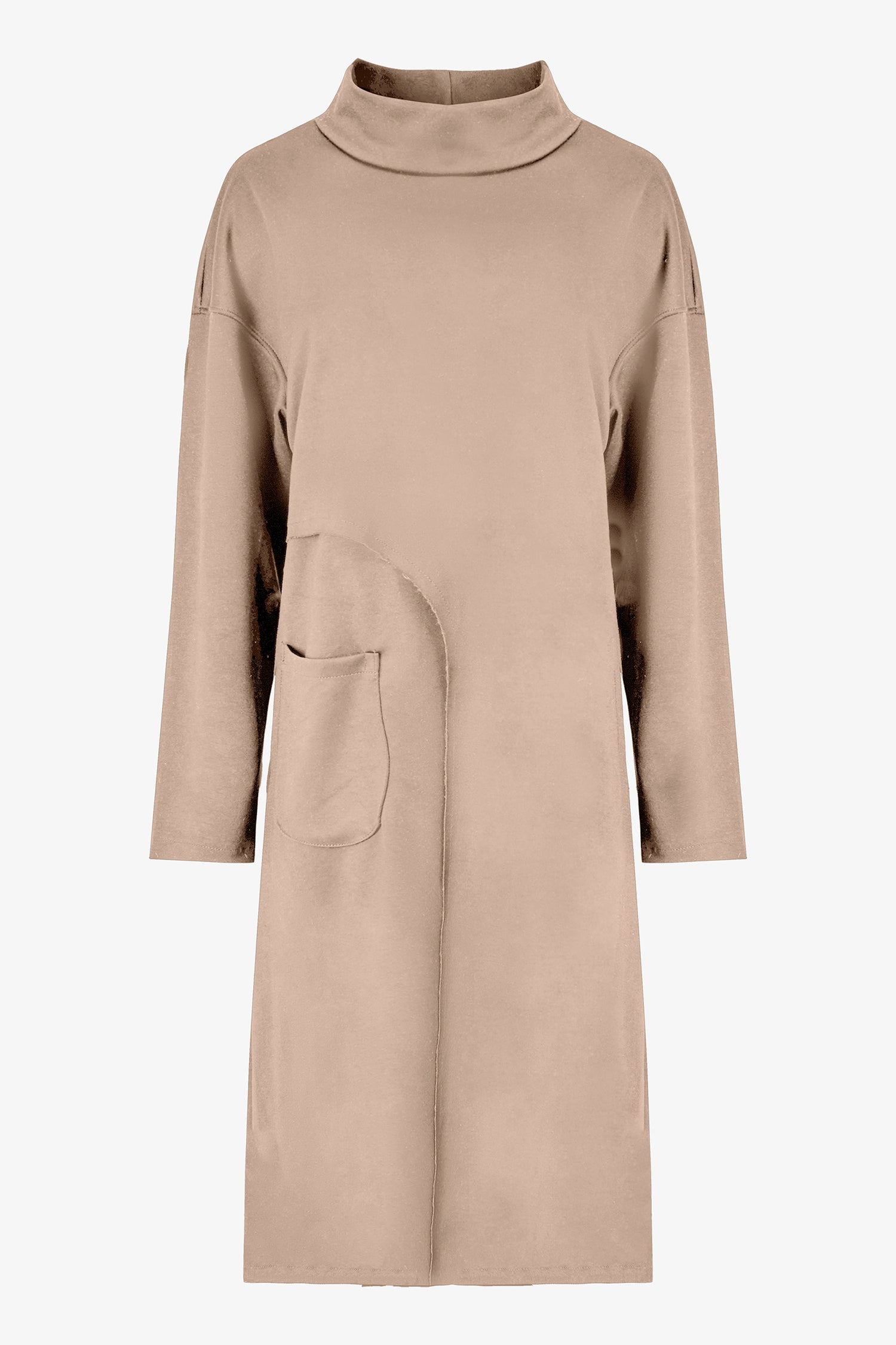 Women’s knit mock-neck tunic, with long sleeves, patch pockets and a front slit opening