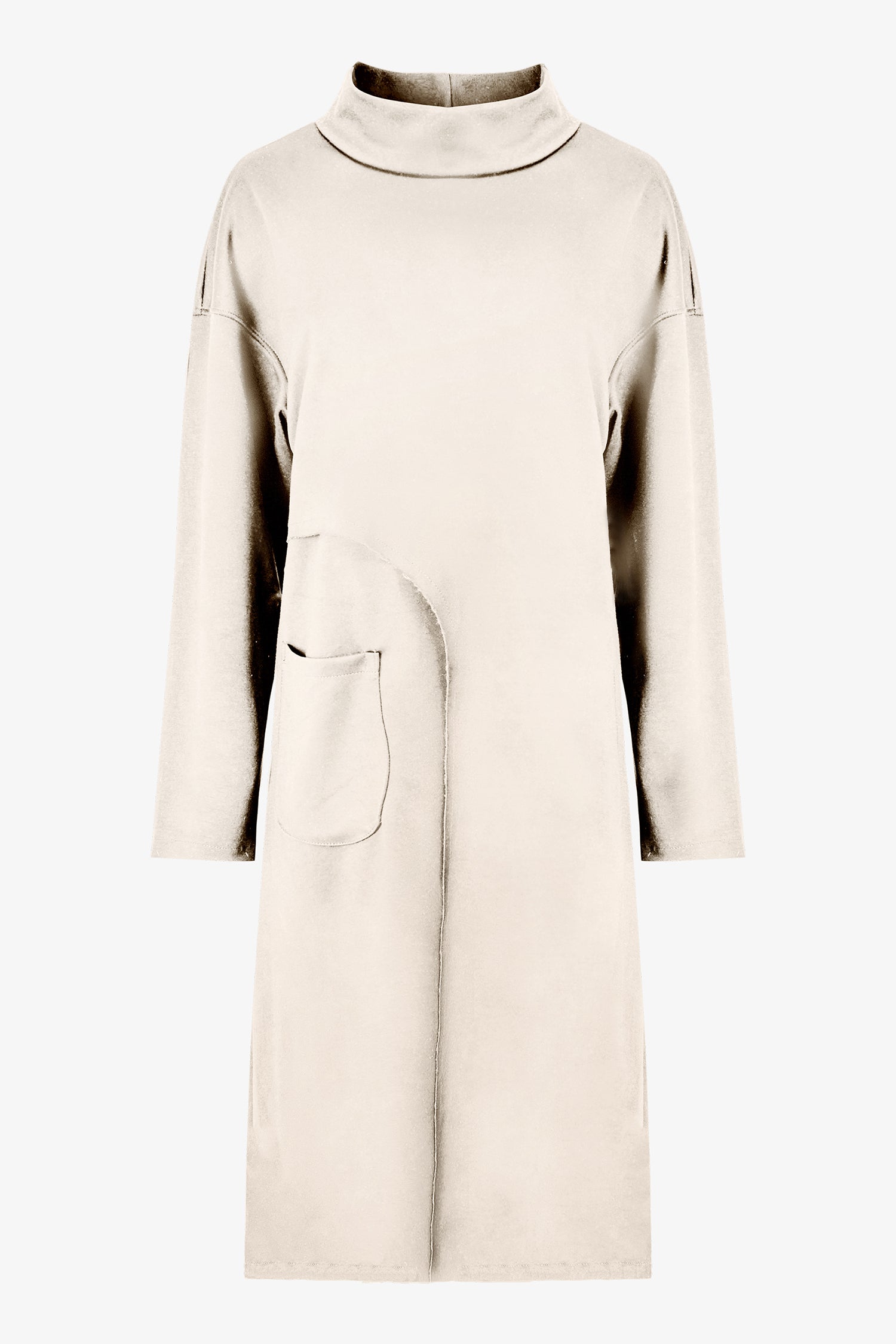 Women’s knit mock-neck tunic, with long sleeves, patch pockets and a front slit opening