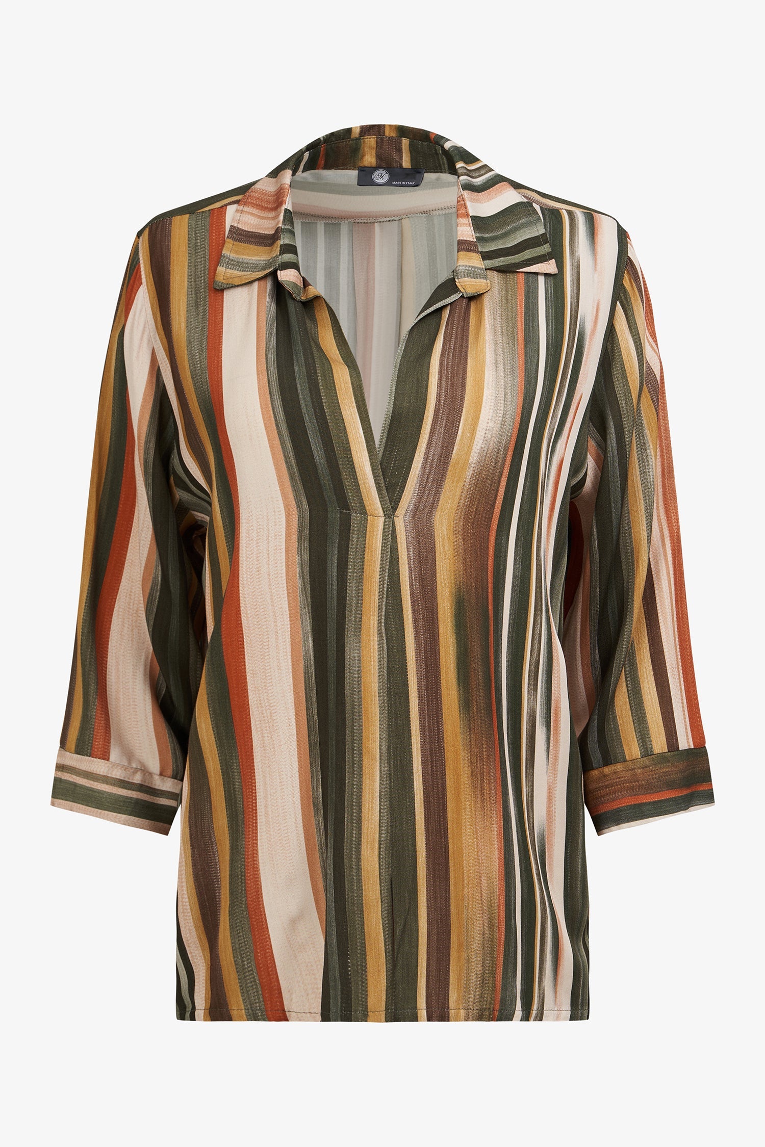 Women’s woven long sleeve v-neck tunic, with a shirt collar and a hi-low hemline