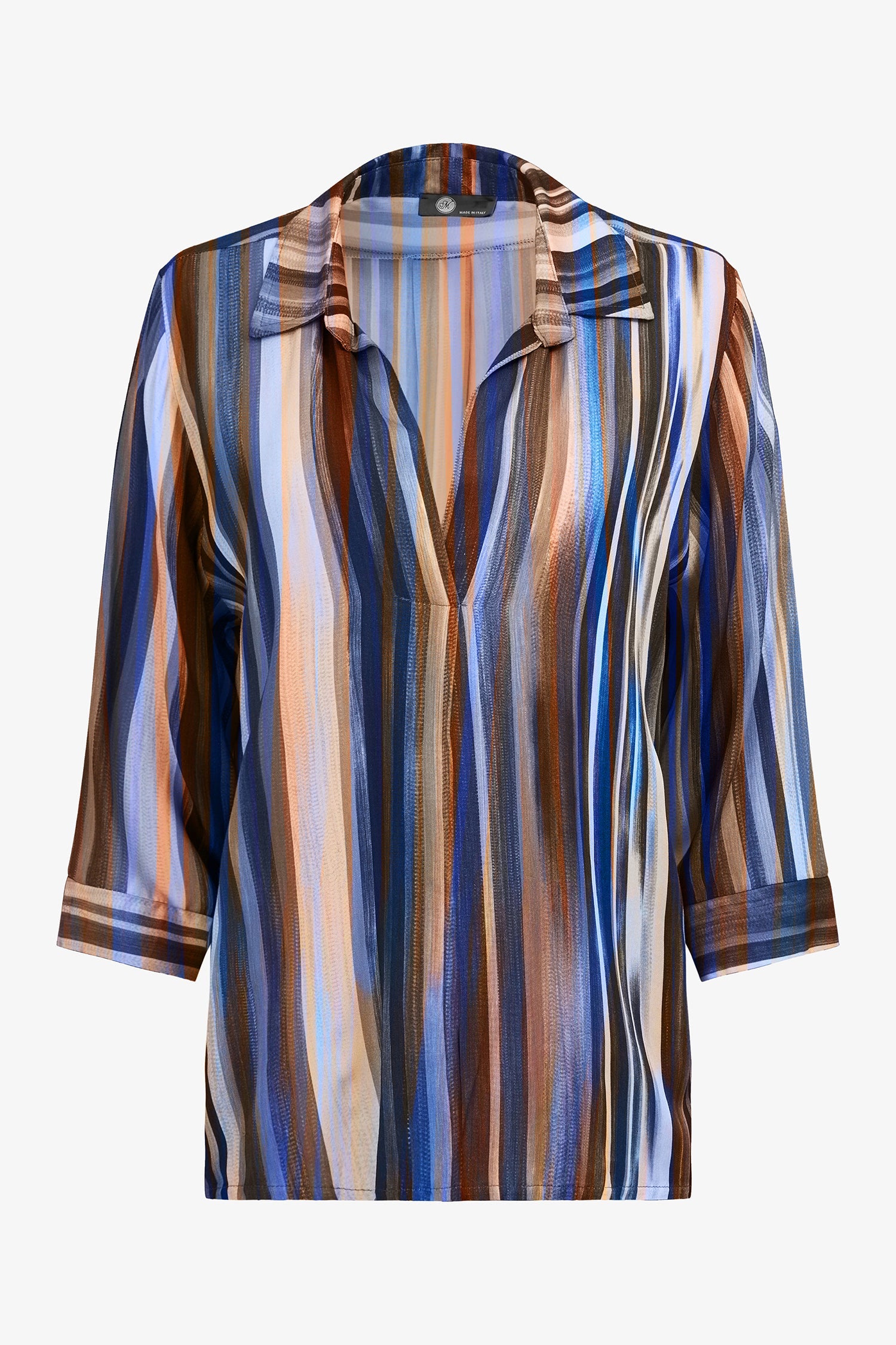 Women’s woven long sleeve v-neck tunic, with a shirt collar and a hi-low hemline