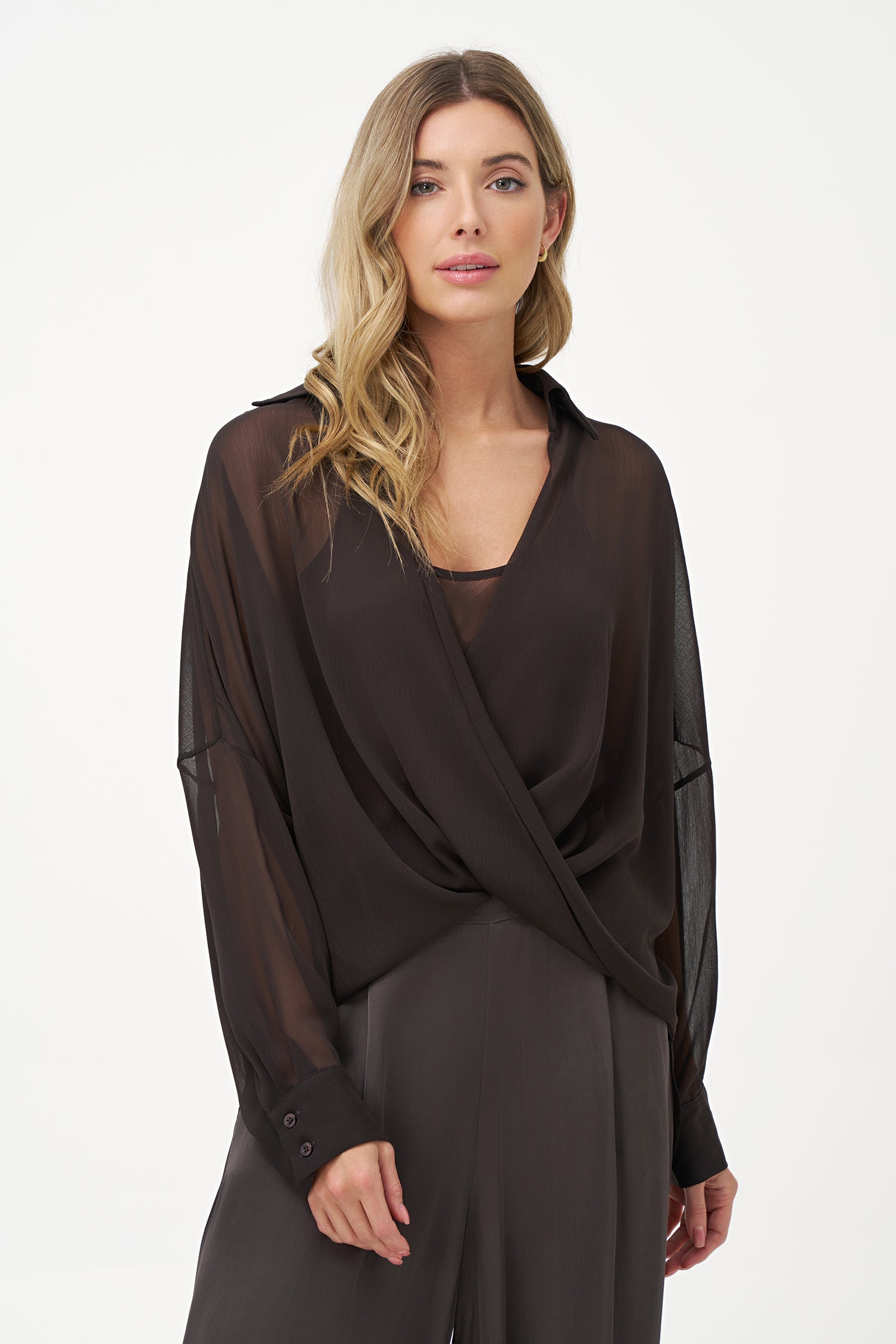 Women's woven sheere criss-cross long sleeve top, with a shirt collar and a separate tank-top under-garment