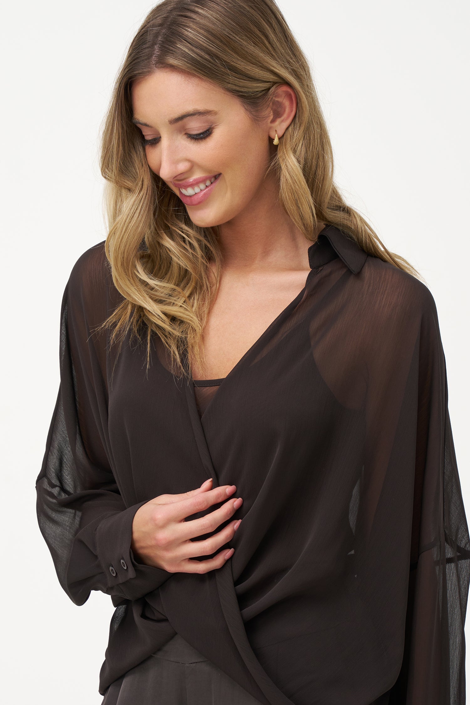 Women's woven sheere criss-cross long sleeve top, with a shirt collar and a separate tank-top under-garment