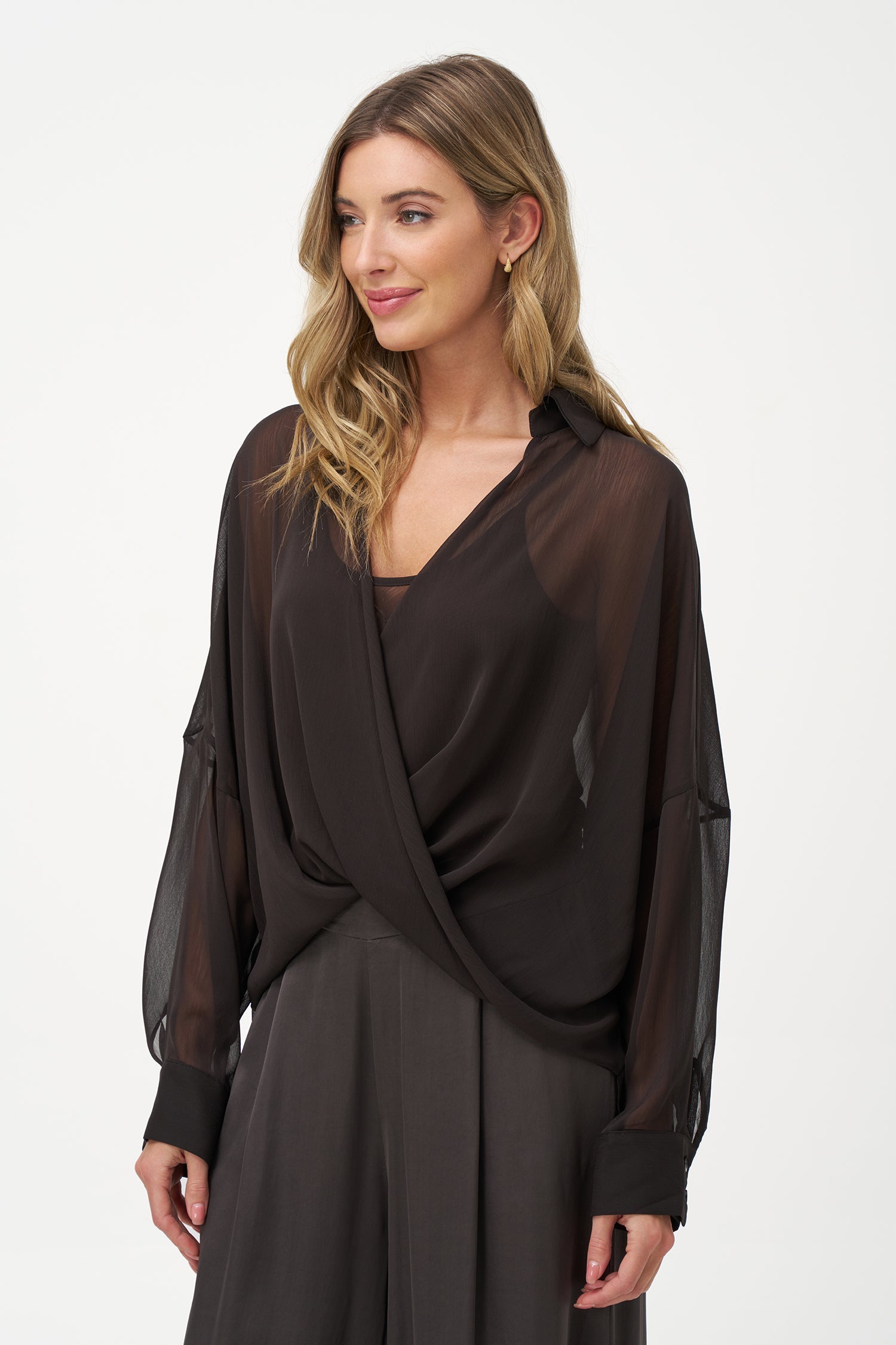 Women's woven sheere criss-cross long sleeve top, with a shirt collar and a separate tank-top under-garment