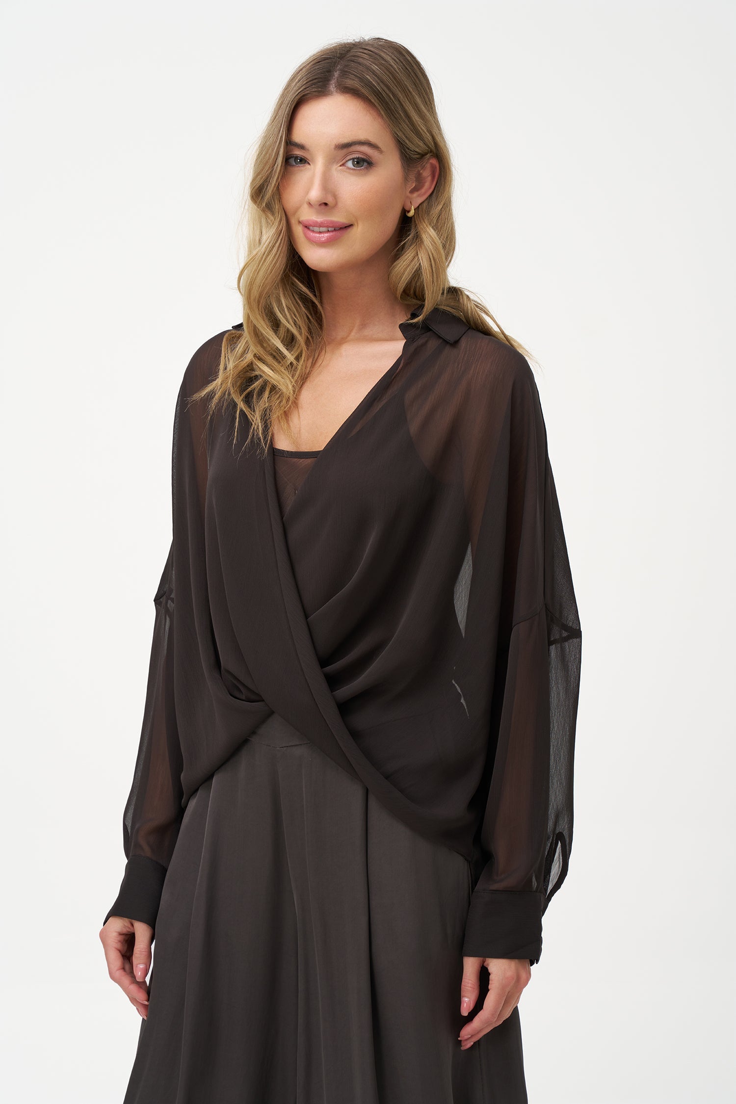 Women's woven sheere criss-cross long sleeve top, with a shirt collar and a separate tank-top under-garment