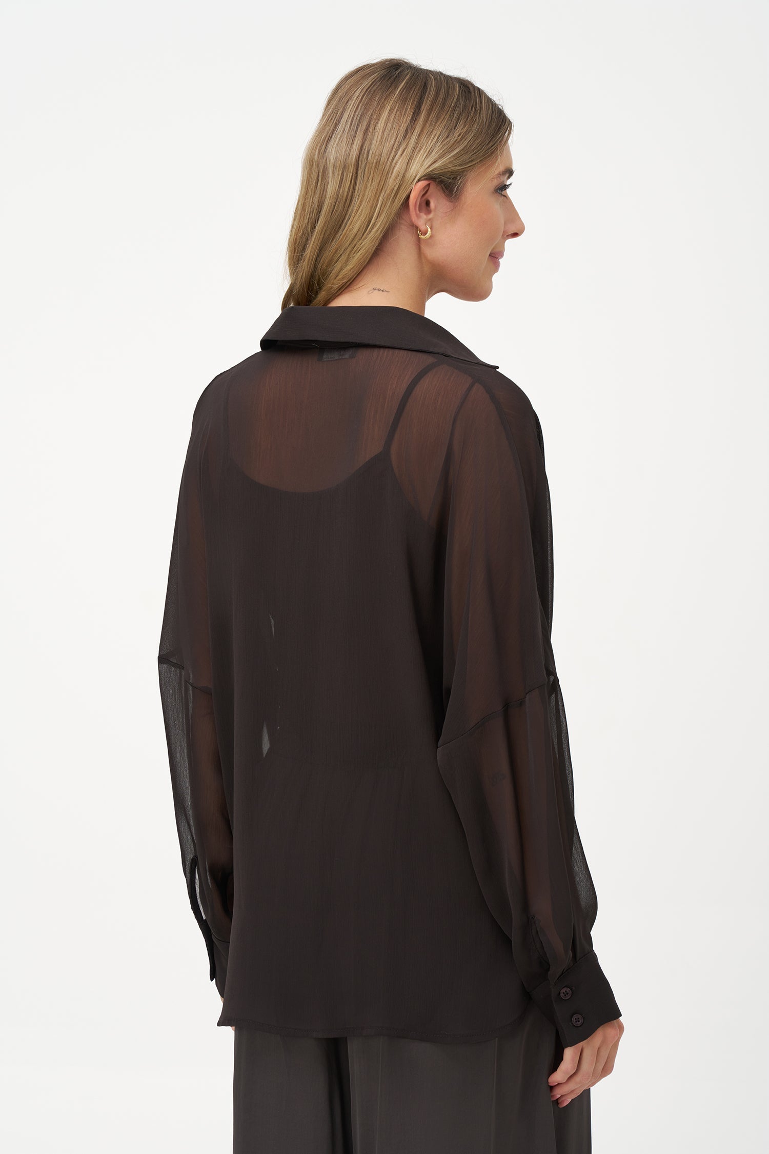 Women's woven sheere criss-cross long sleeve top, with a shirt collar and a separate tank-top under-garment