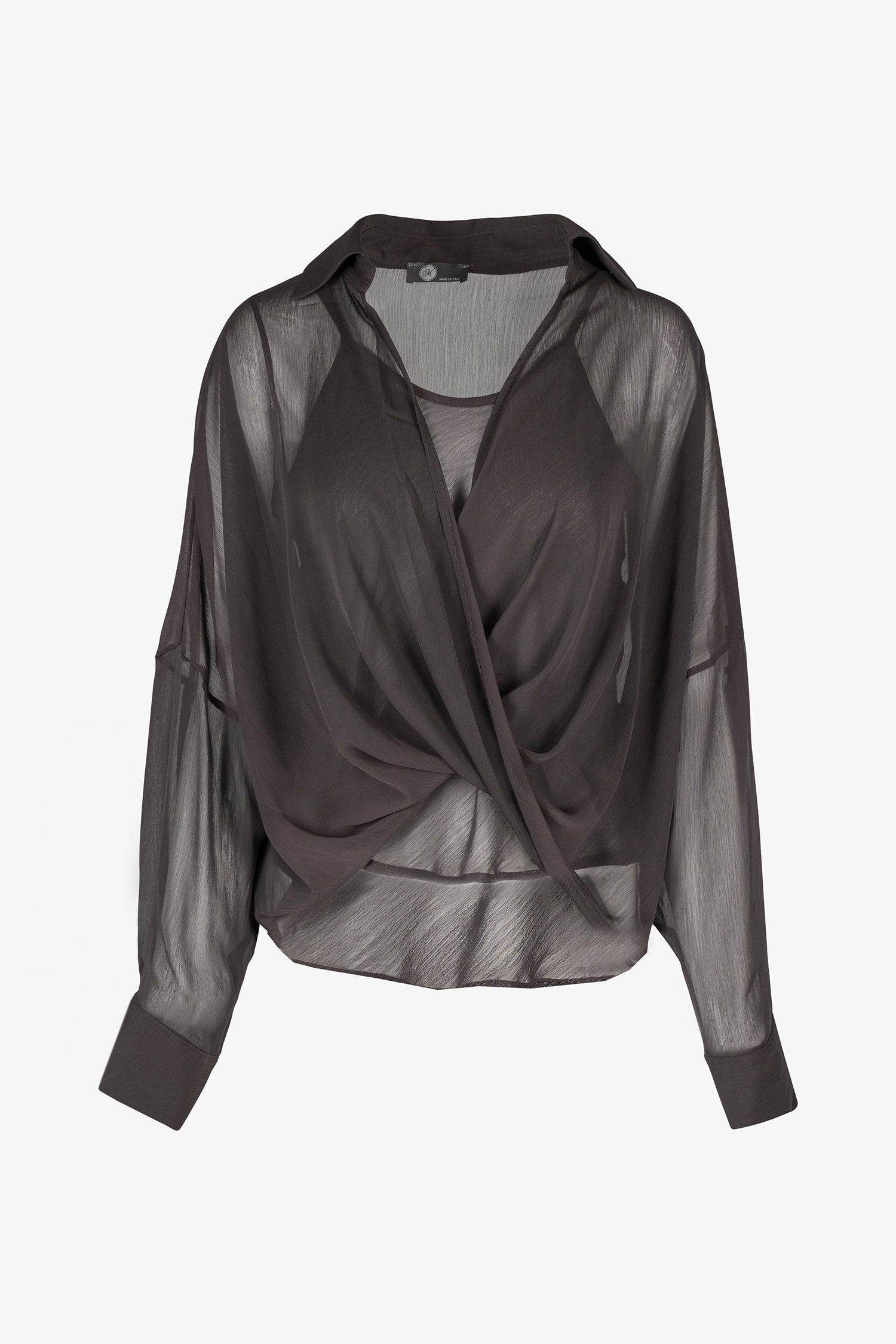 Women's woven sheere criss-cross long sleeve top, with a shirt collar and a separate tank-top under-garment