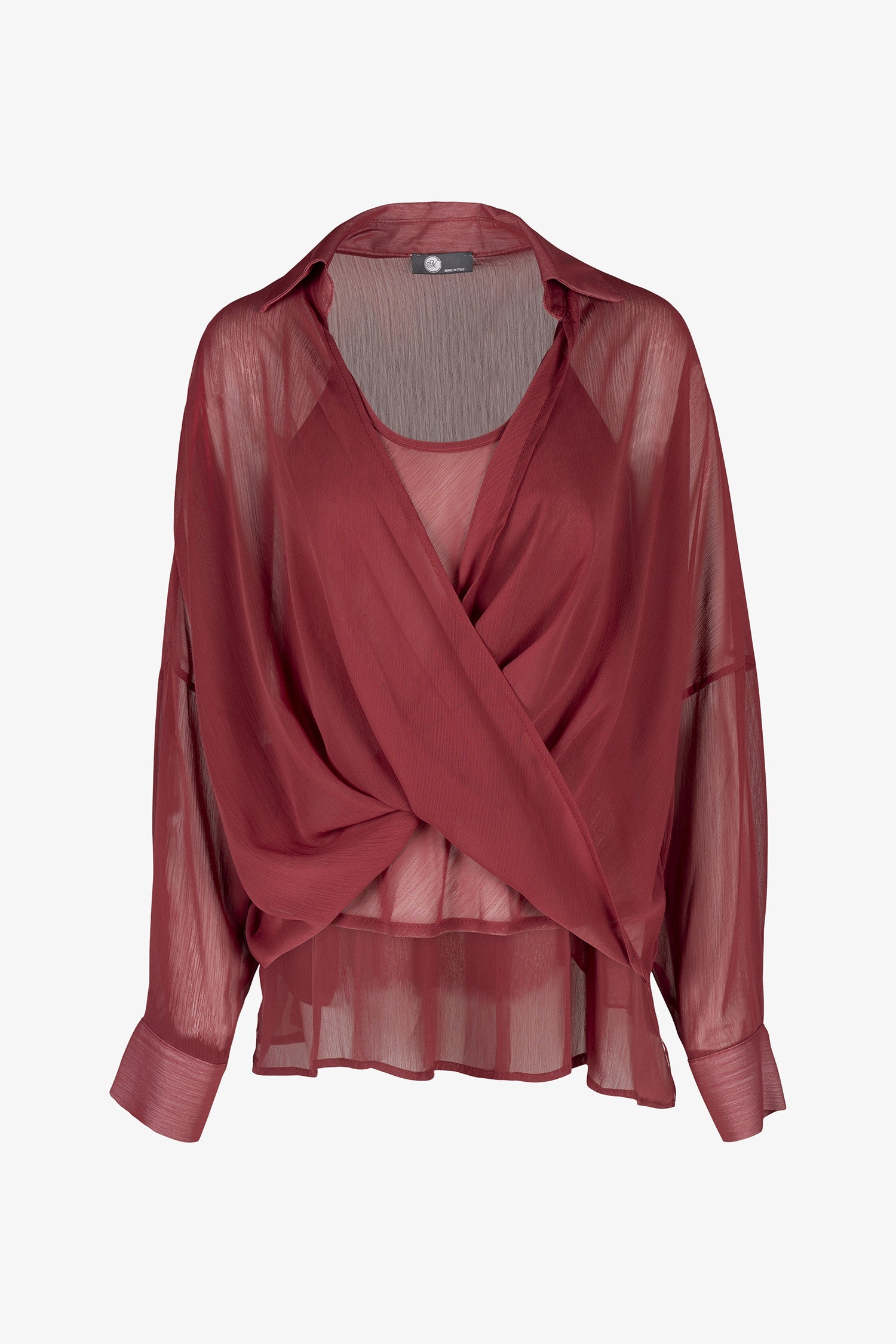 Women's woven sheere criss-cross long sleeve top, with a shirt collar and a separate tank-top under-garment