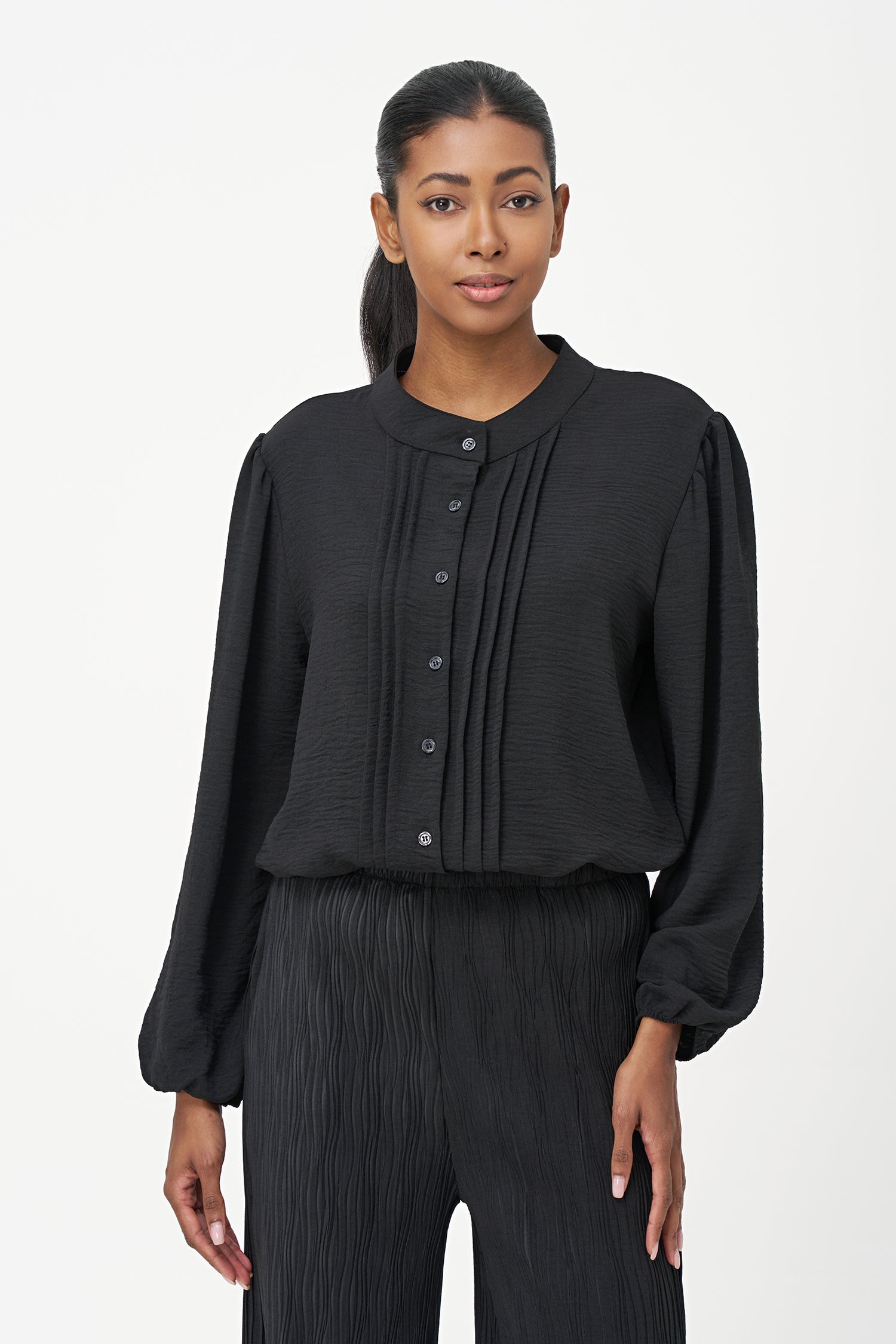 Women's woven button down shirt with a front pin-tuck detailing