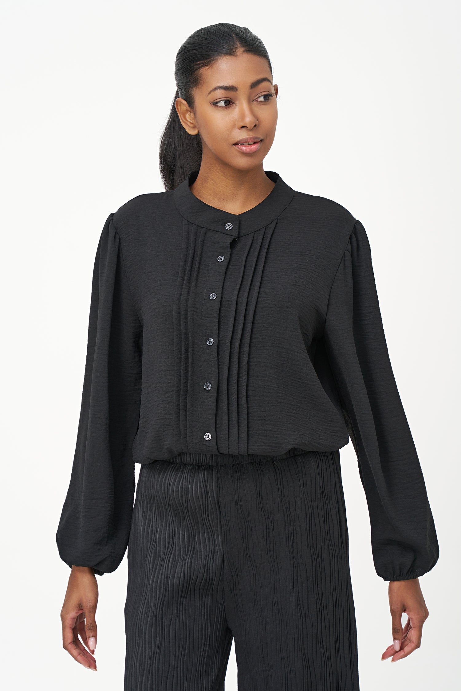 Women's woven button down shirt with a front pin-tuck detailing