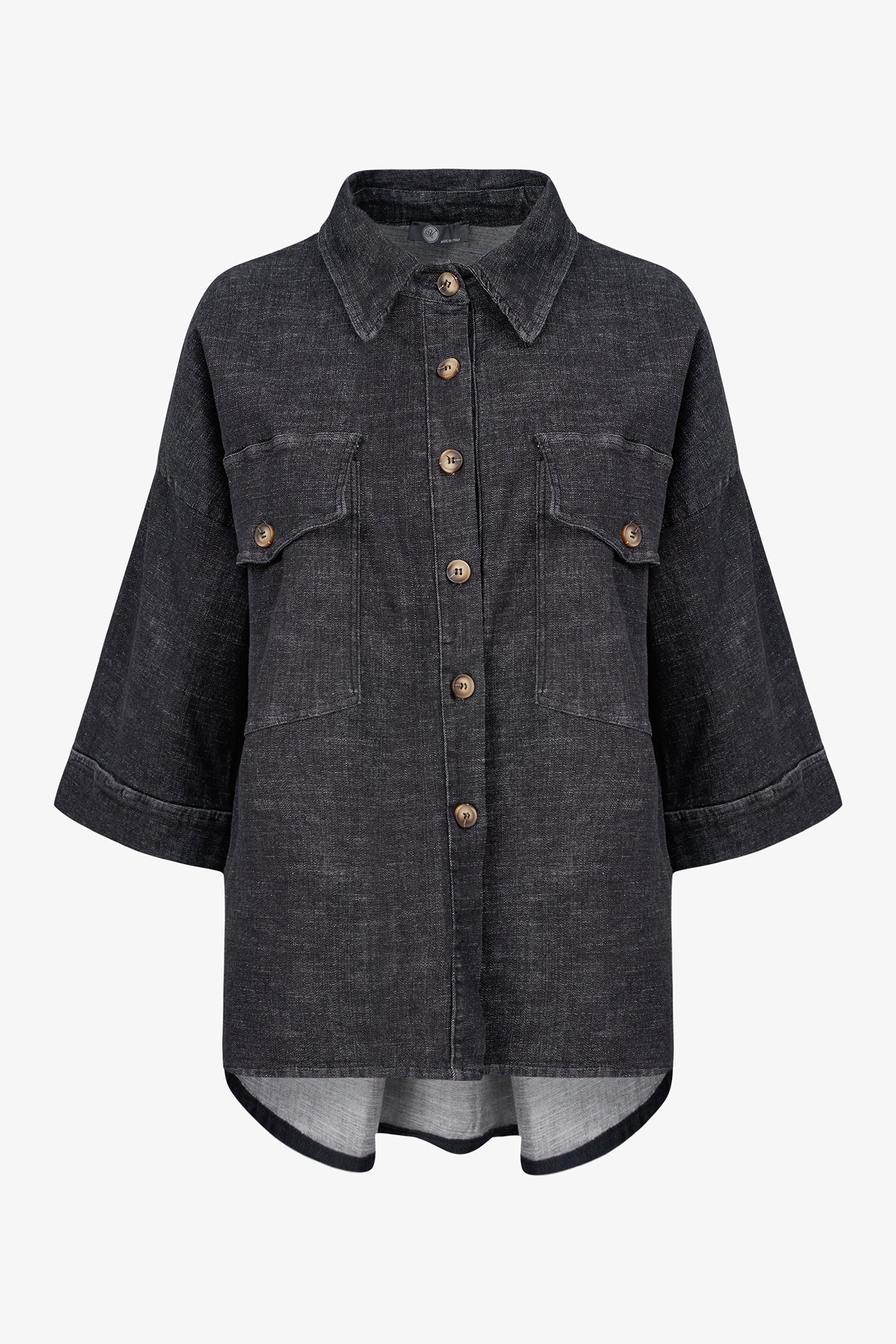 Women's woven denim button-down shirt, with elbow length sleeves and oversized patch pockets